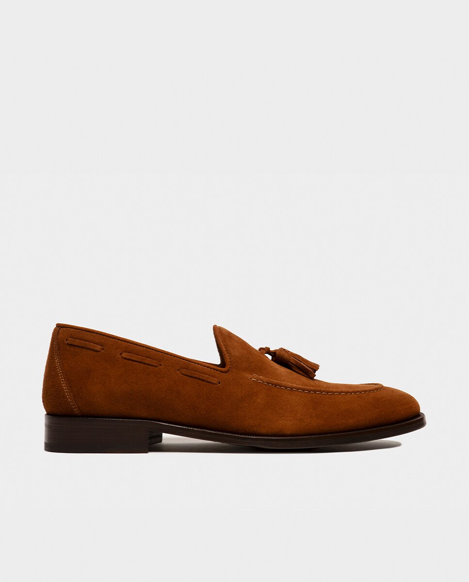 Mocassins de Pele com Pompom Largura Especial Castanho-4