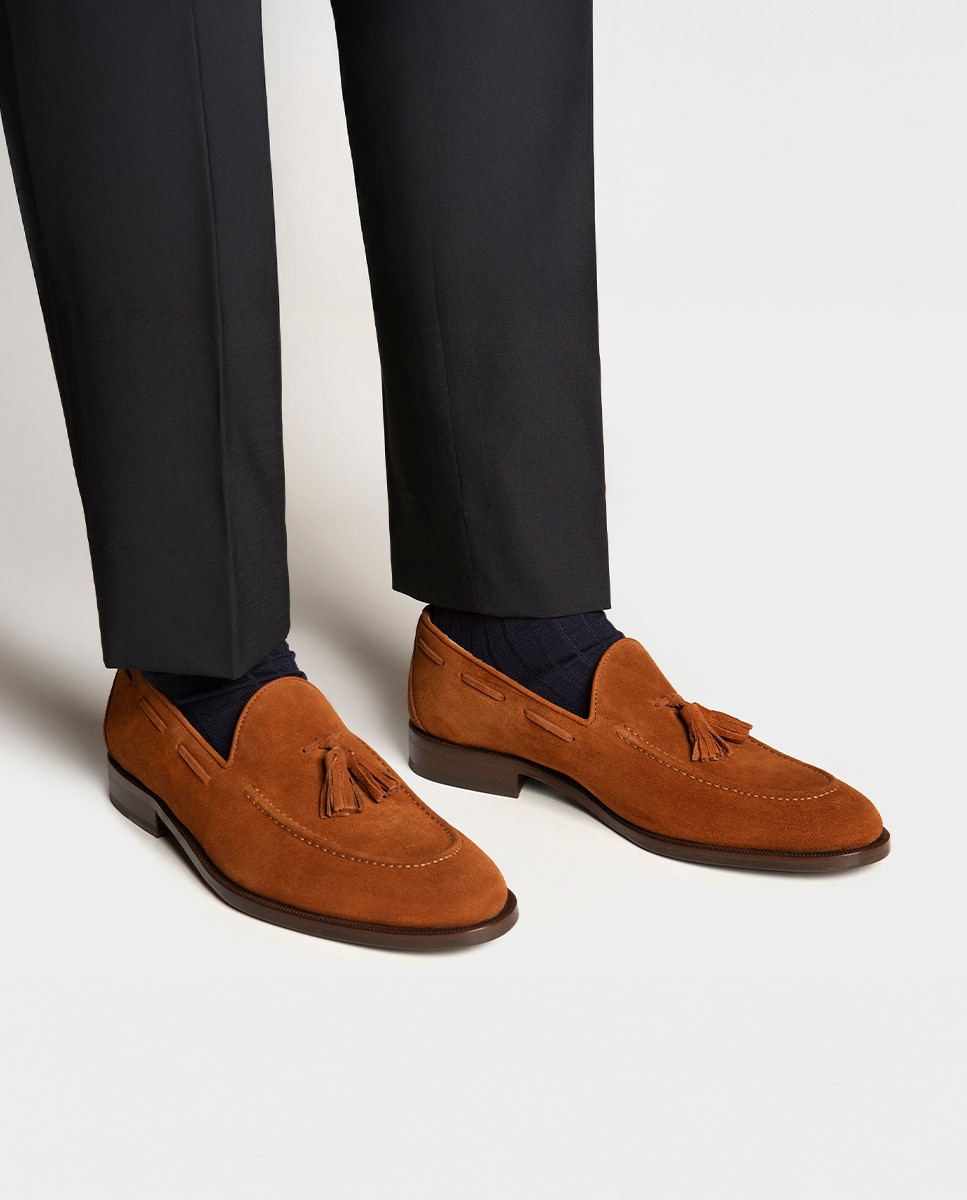 Mocassins de Pele com Pompom Largura Especial Castanho-5