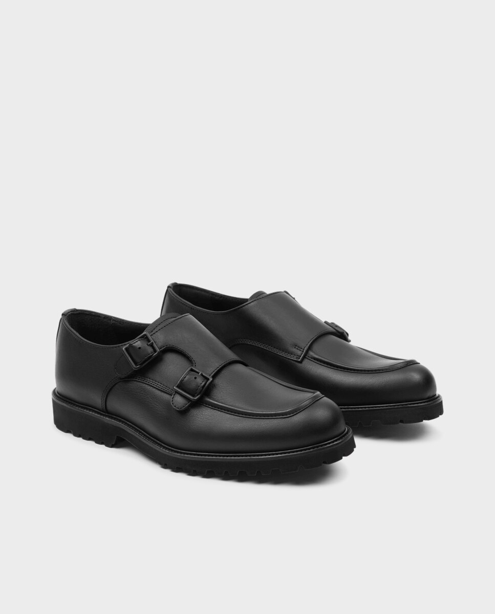 Sapatos Wallabee em Pele com Fivela Dupla e Sola Vibram Preto-2