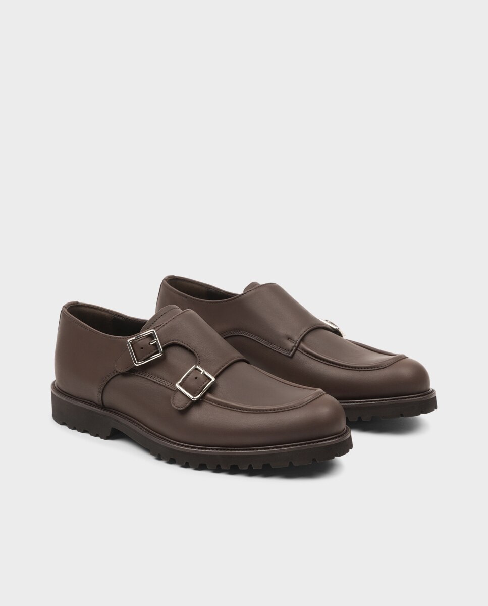Sapatos Wallabee em Pele com Fivela Dupla e Sola Vibram Castanho-2
