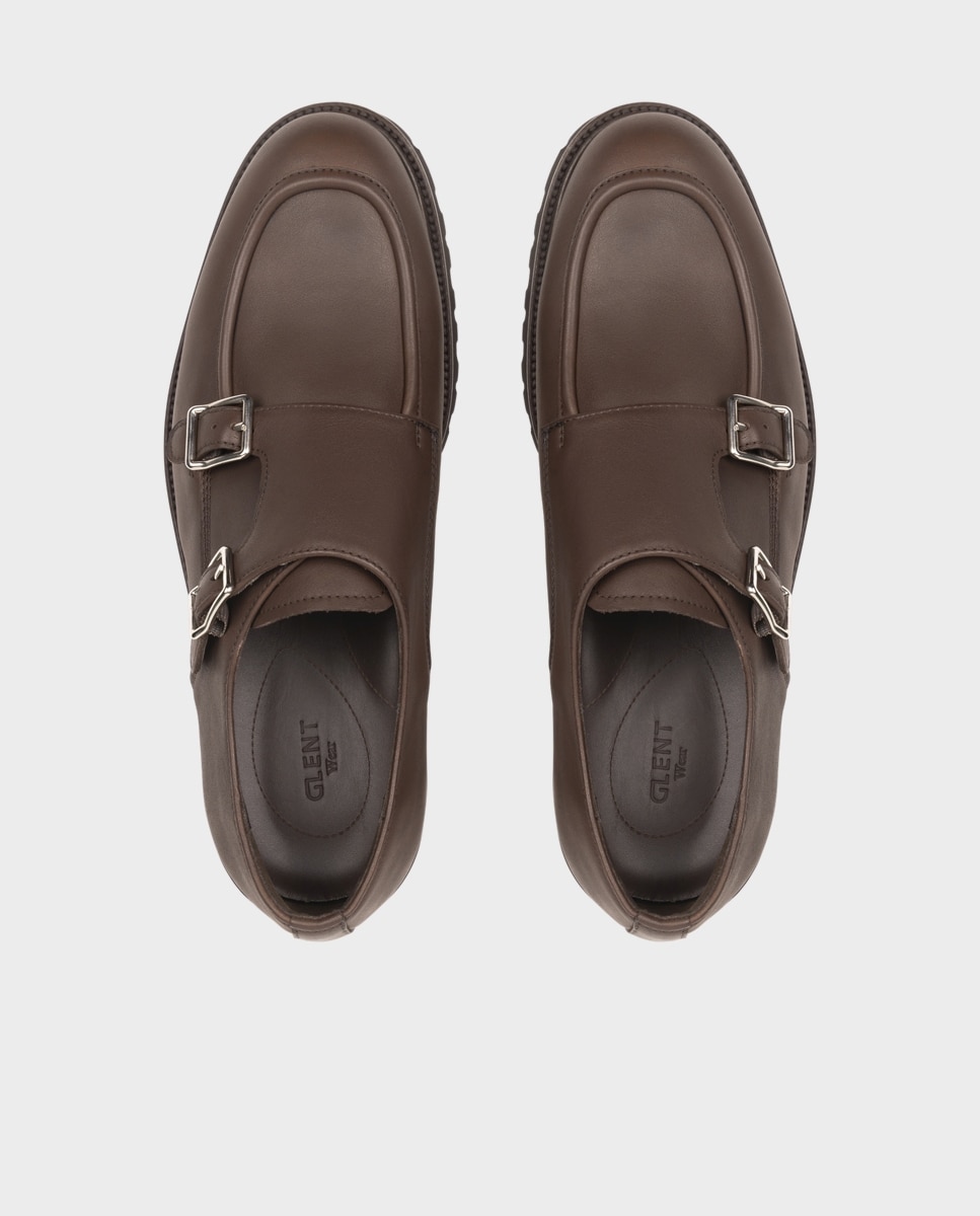 Sapatos Wallabee em Pele com Fivela Dupla e Sola Vibram Castanho-3