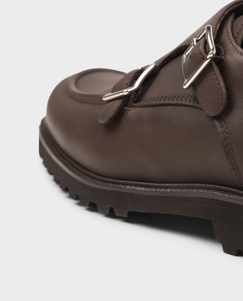 Sapatos Wallabee em Pele com Fivela Dupla e Sola Vibram Castanho-4