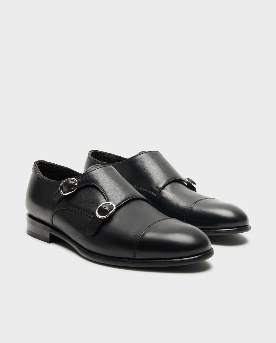 Sapatos Monk de Pele Larga Especial Preto-2