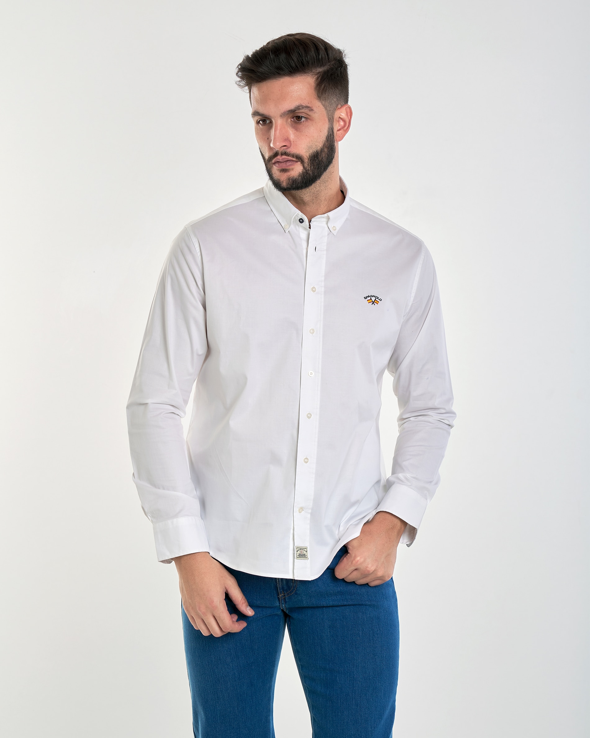 Camisa de Corte Regular Liso em Branco Cinzento-1