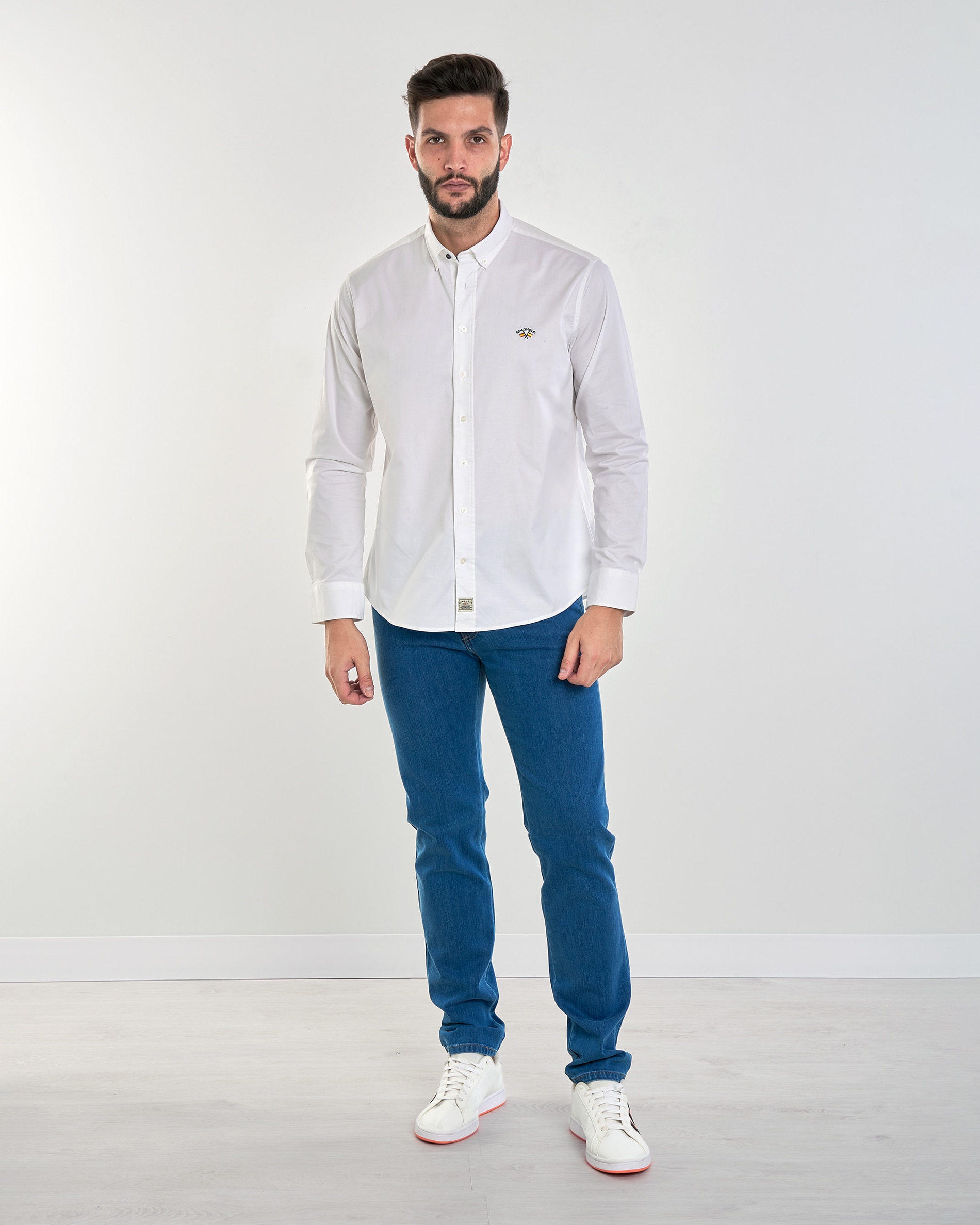 Camisa de Corte Regular Liso em Branco Cinzento-4