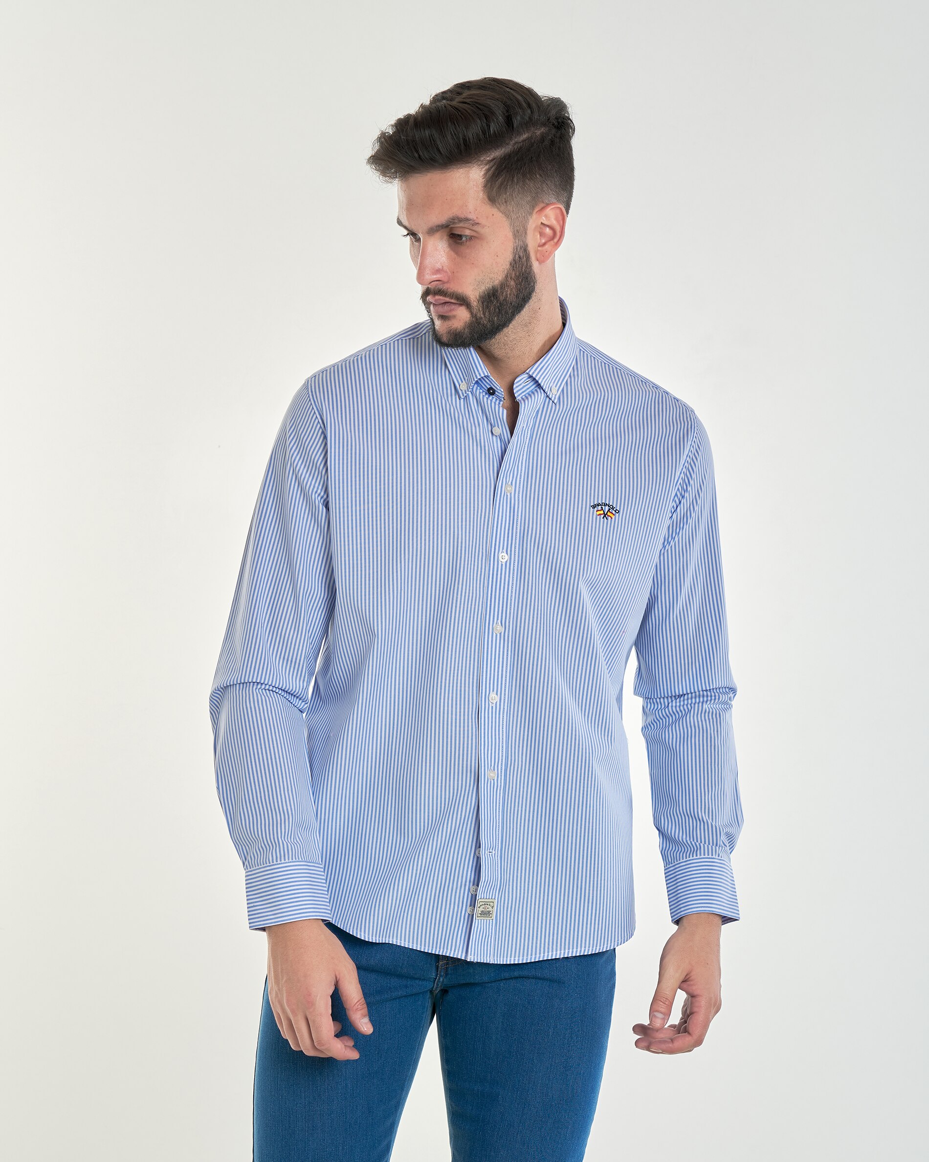 Imagem 0 de Camisa Popelina de Corte Regular com Estampado Às Riscas em Azul-claro