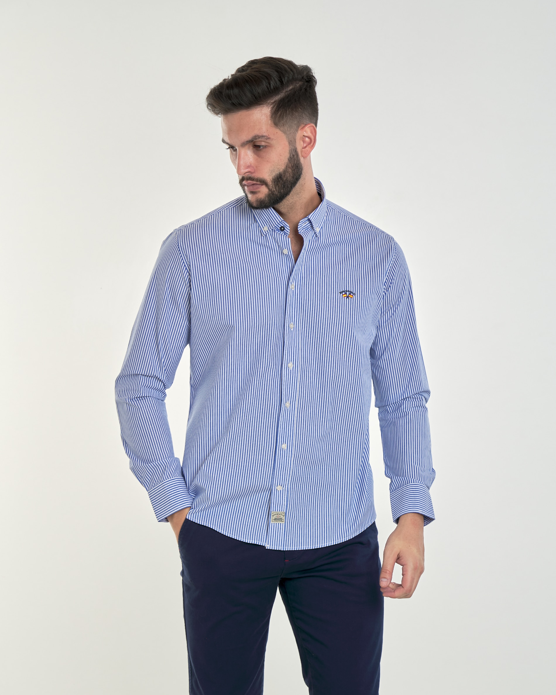 Camisa Popelina com Corte Regular Estampado Às Riscas em Azul Azul-1