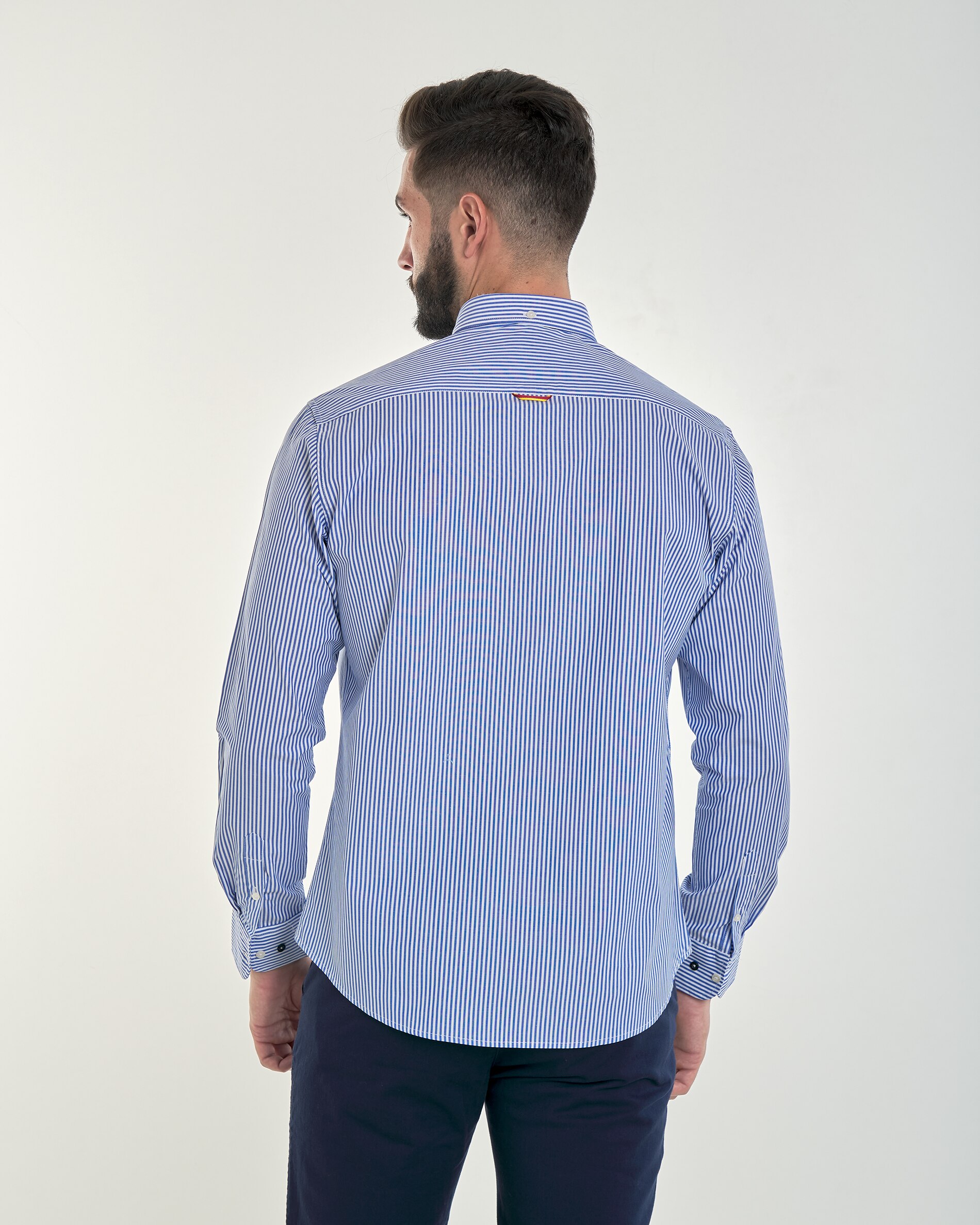 Camisa Popelina com Corte Regular Estampado Às Riscas em Azul Azul-3
