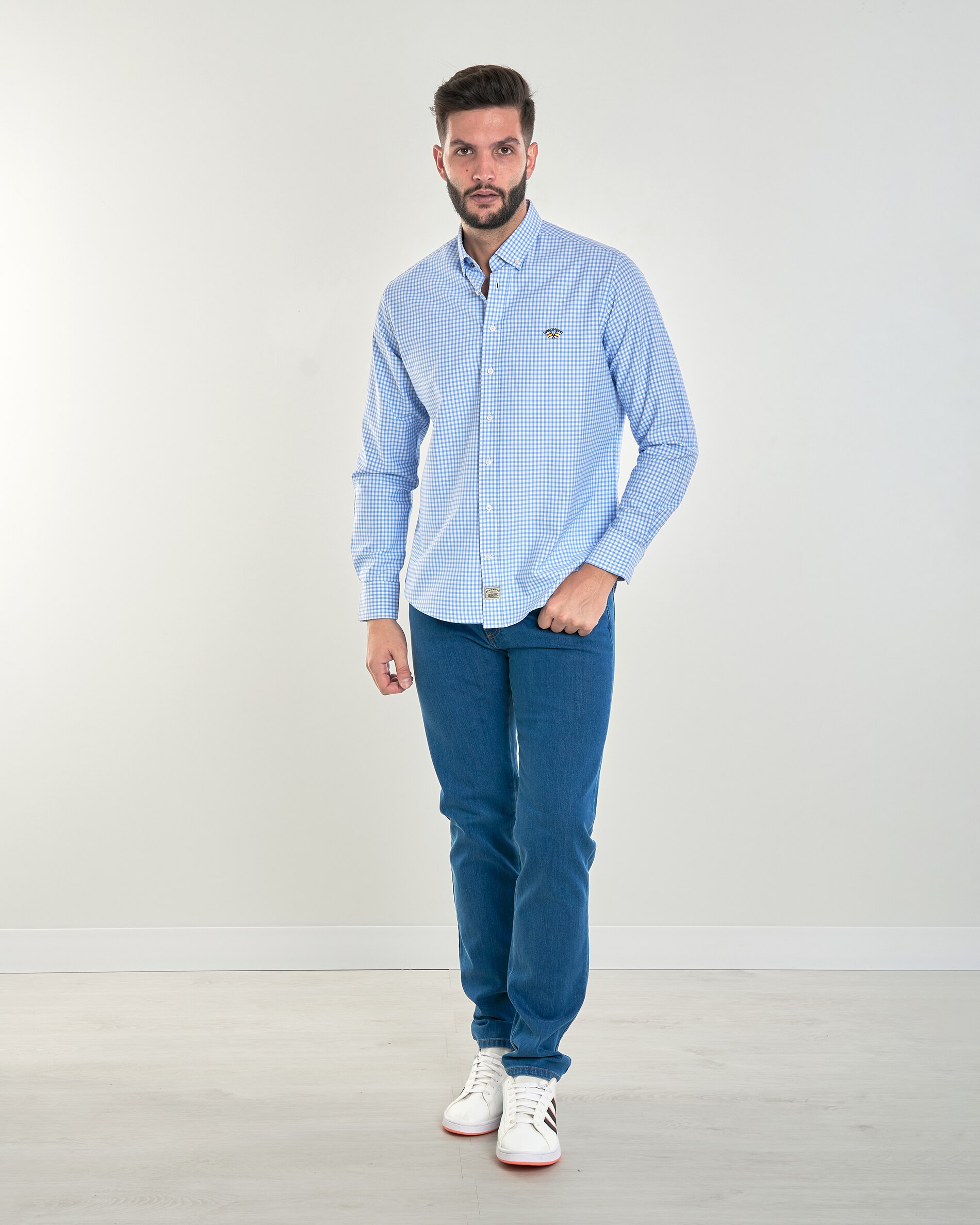 Camisa Oxford Corte Regular Aos Quadrados Coleção Bandeira Branco / Azul-4