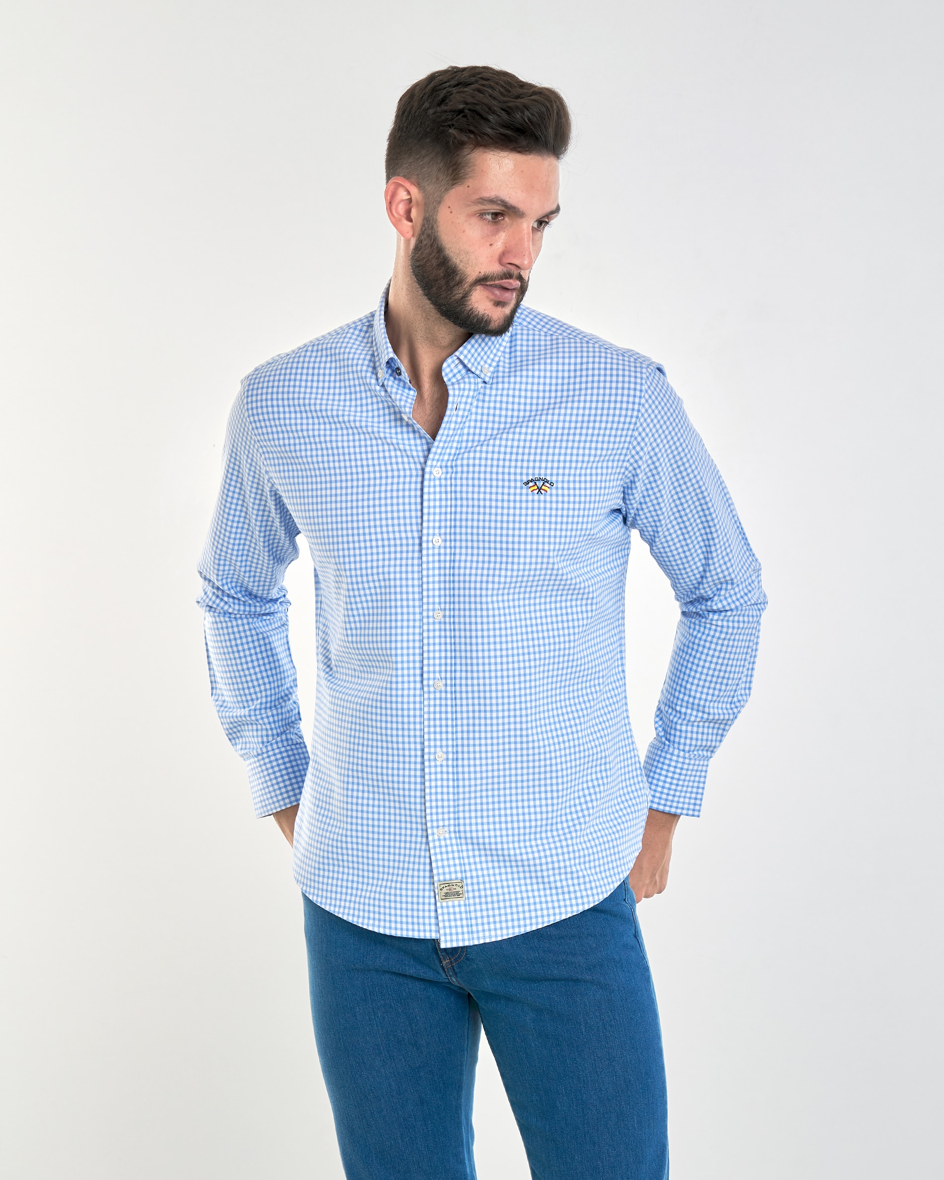 Imagem 0 de Camisa Corte Regular com Estampado Aos Quadrados Vichy em Azul-claro