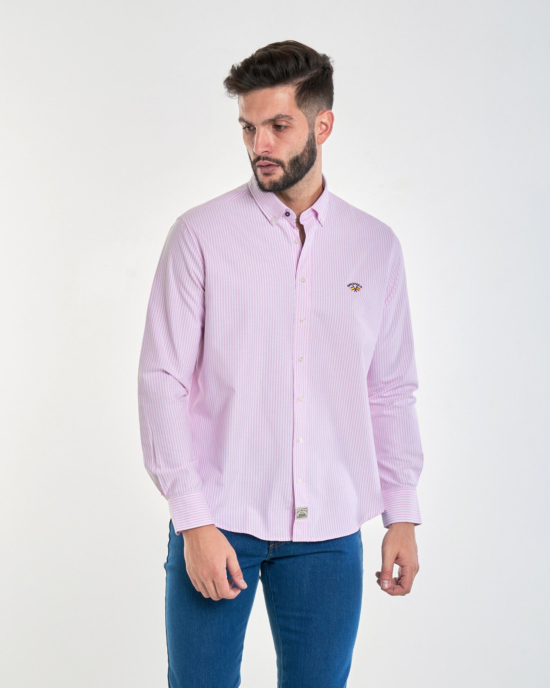 Camisa Oxford Corte Regular Às Riscas Coleção Bandeira Branco / Rosa-2