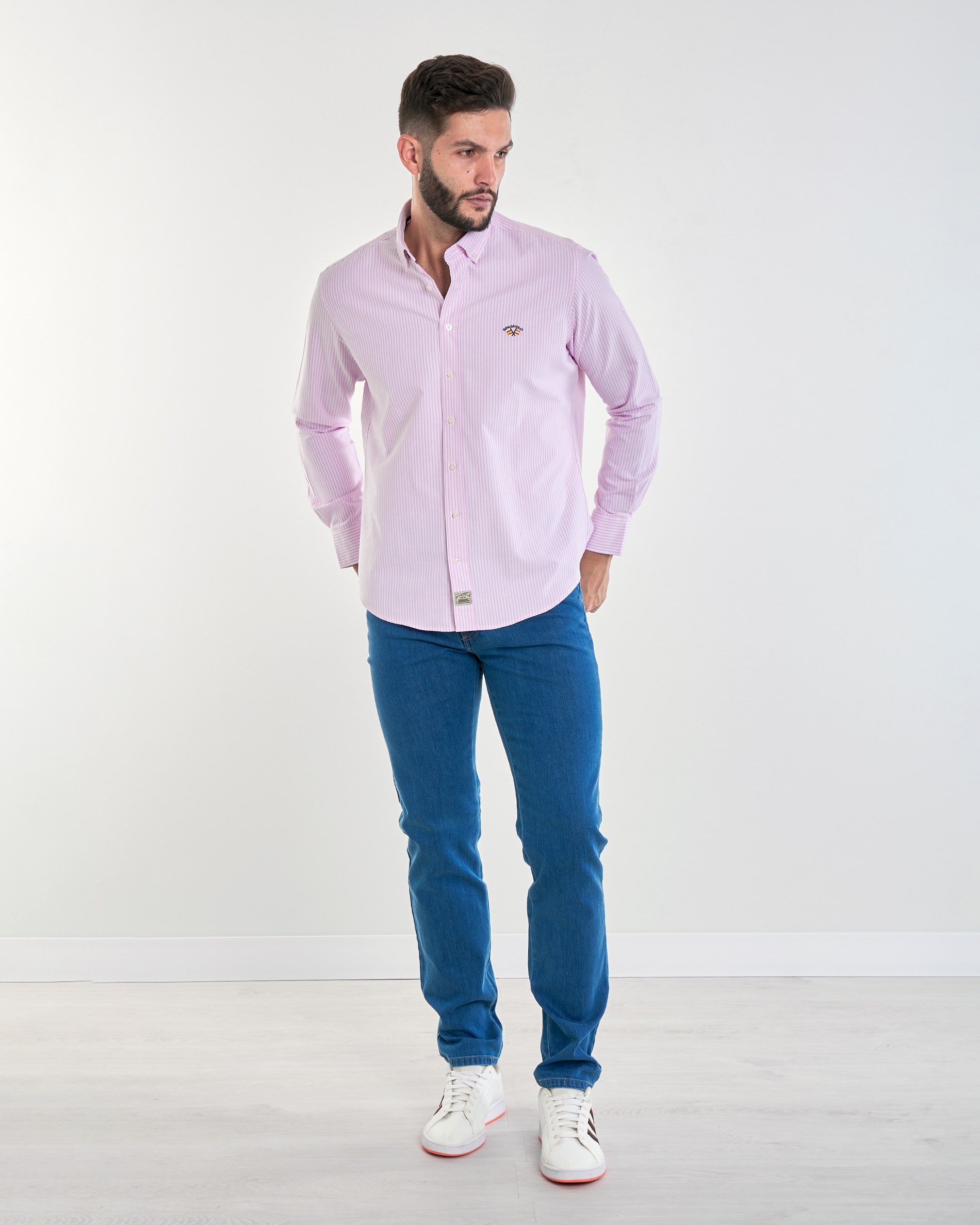 Camisa Oxford Corte Regular Às Riscas Coleção Bandeira Branco / Rosa-4