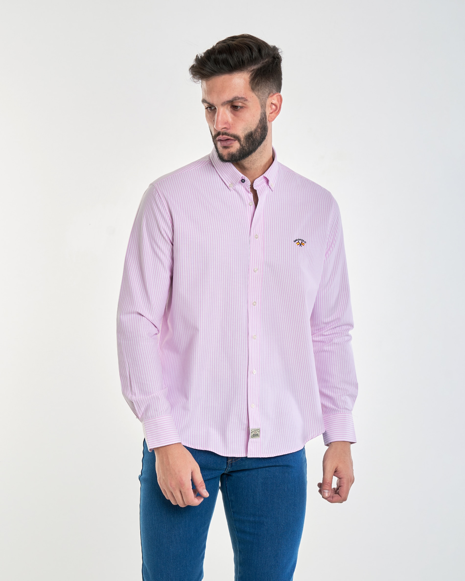 Camisa de Corte Regular com Estampado Às Riscas Rosa Rosa-1