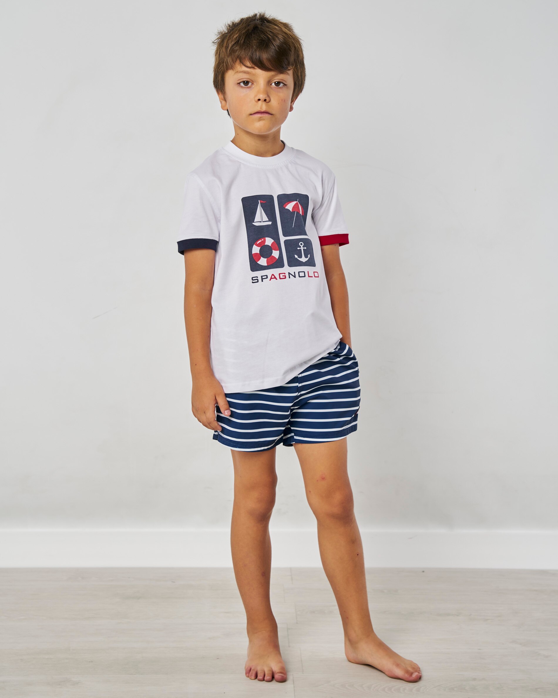 T-shirt Infantil Branca de Manga Curta com Estampados Marítimos Spagnolo Branco-4