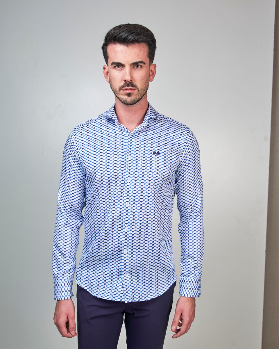 Camisa Popelina de Corte Regular Estampada Branco / Azul-1