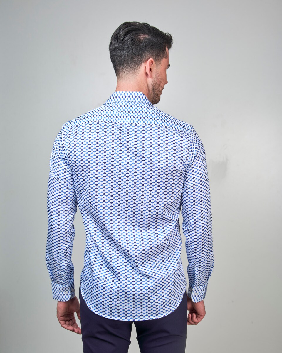 Camisa Popelina de Corte Regular Estampada Branco / Azul-3