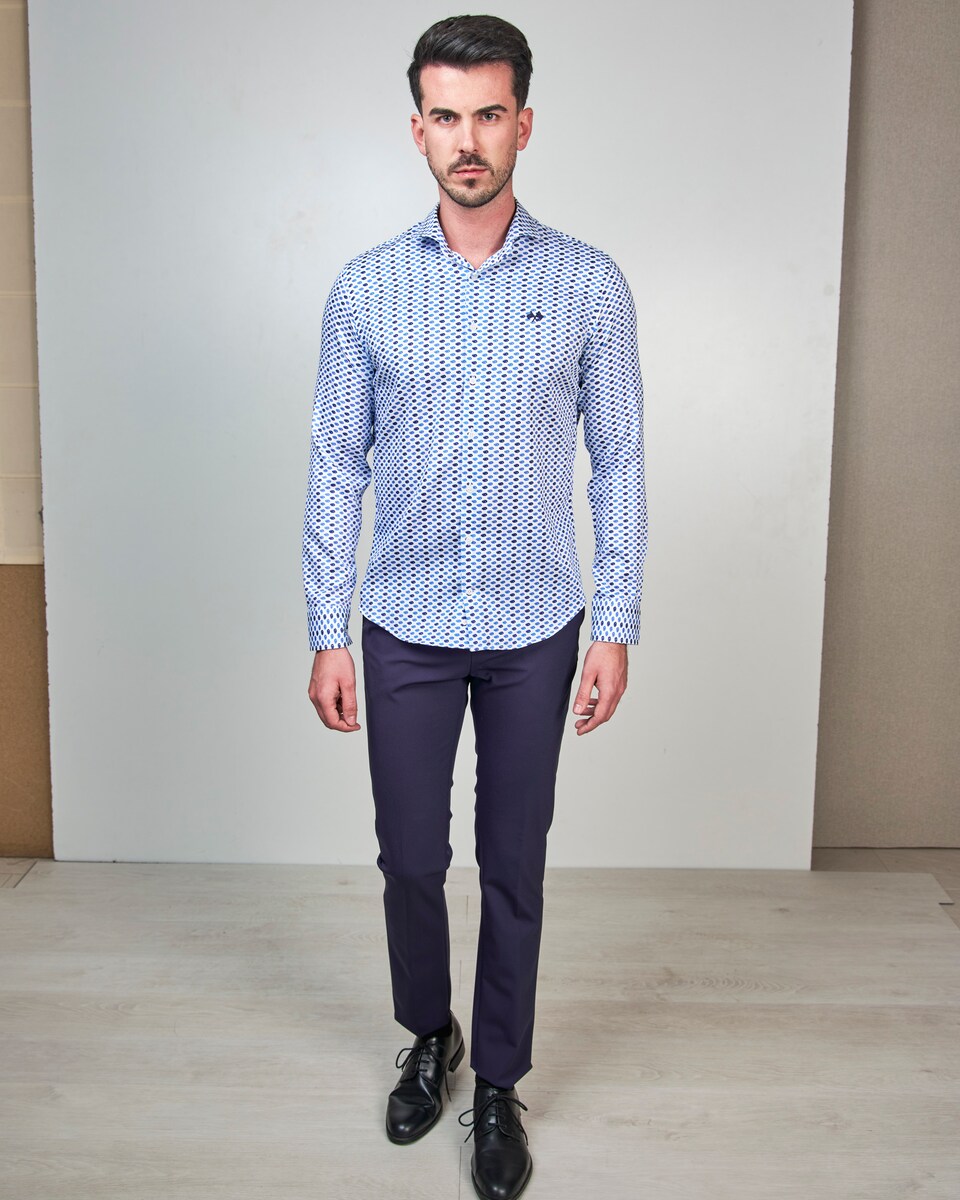 Camisa Popelina de Corte Regular Estampada Branco / Azul-4