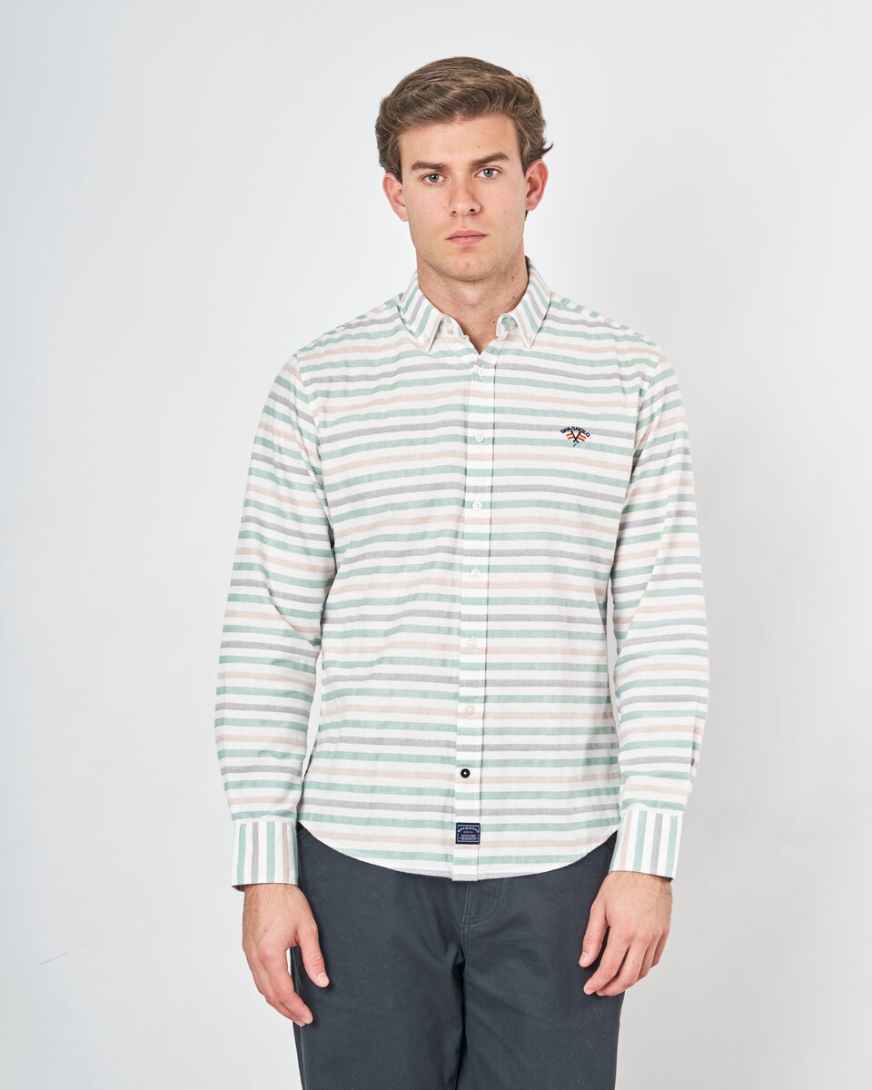 Camisa Rústica com Corte Regular Às Riscas Branco / Verde-2