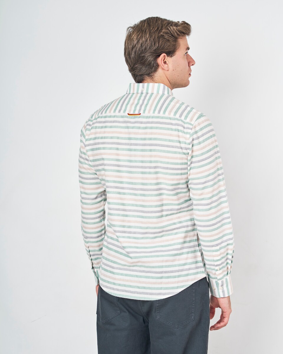 Camisa Rústica com Corte Regular Às Riscas Branco / Verde-3