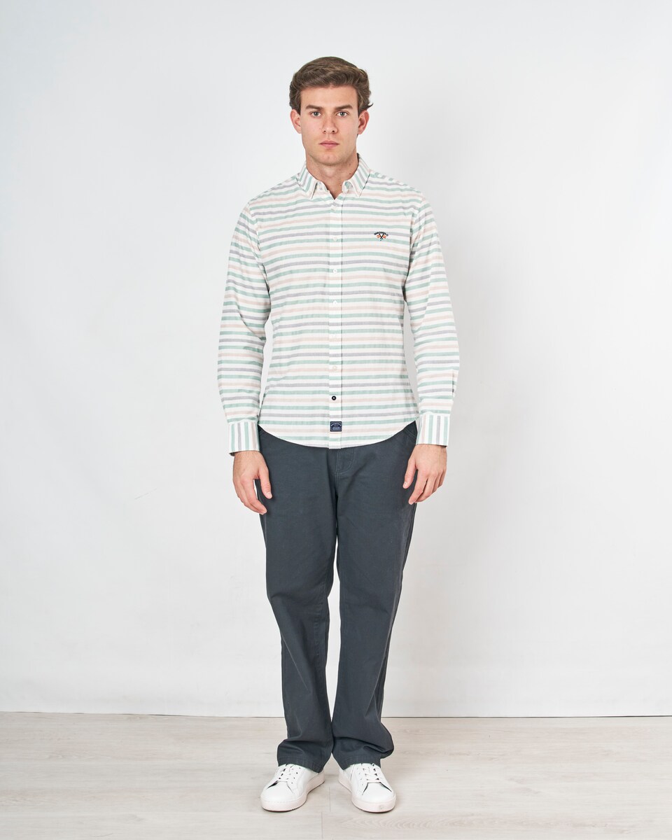 Camisa Rústica com Corte Regular Às Riscas Branco / Verde-4