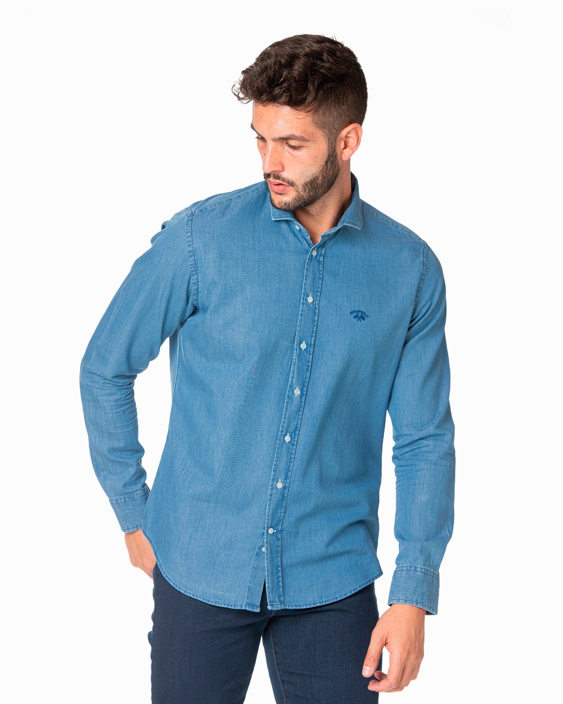 Imagem 0 de Camisa Denim com Corte Regular Liso Azul