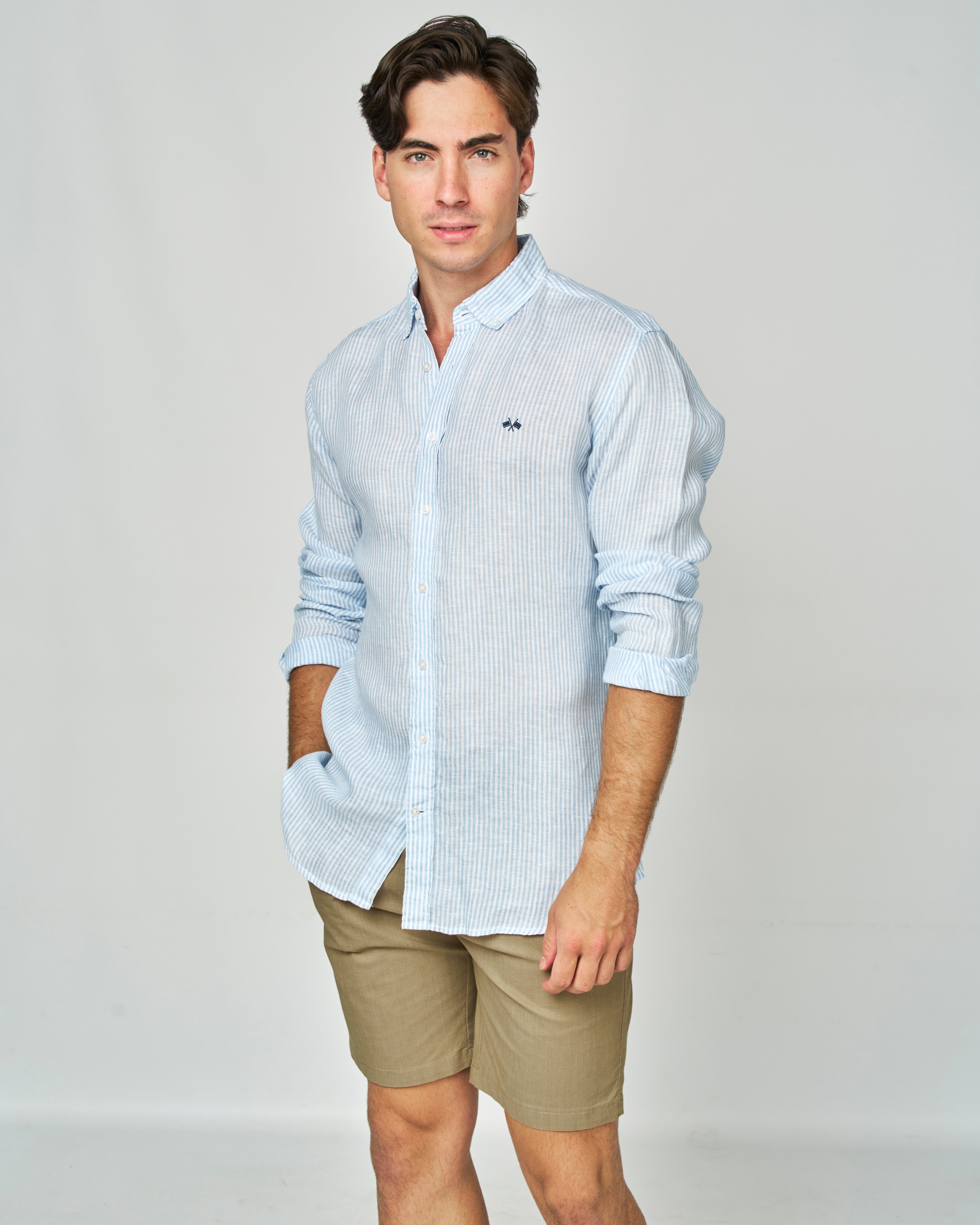 Camisa em Linho Às Riscas Azul-claro-1