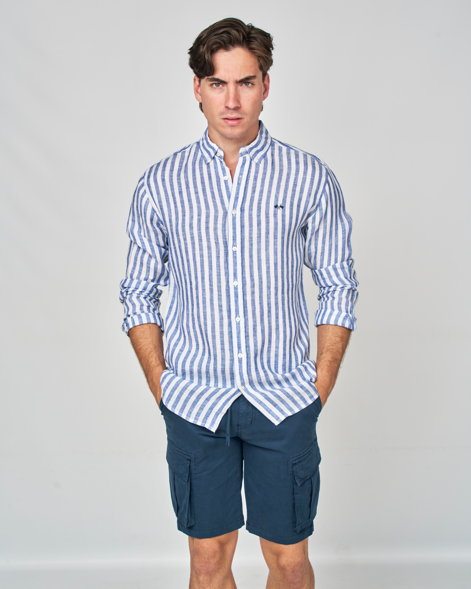 Camisa em Linho Às Riscas Azul-claro-1