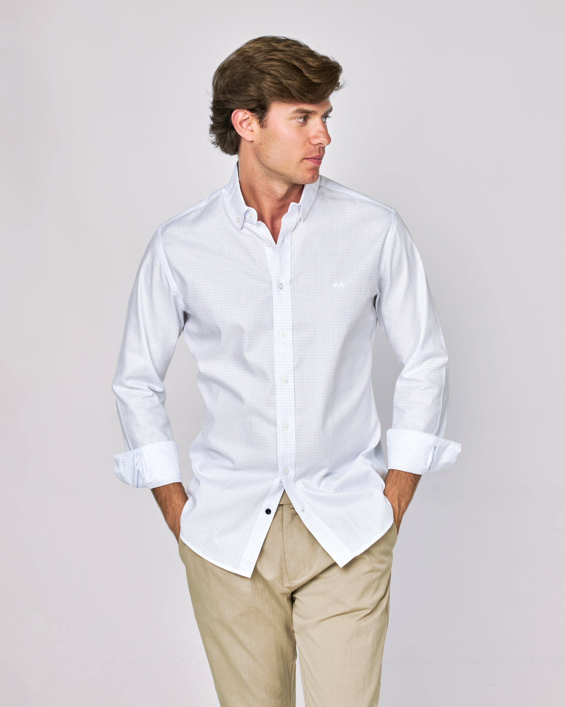 Camisa em Popelina Aos Quadrados Azul / Branco-1