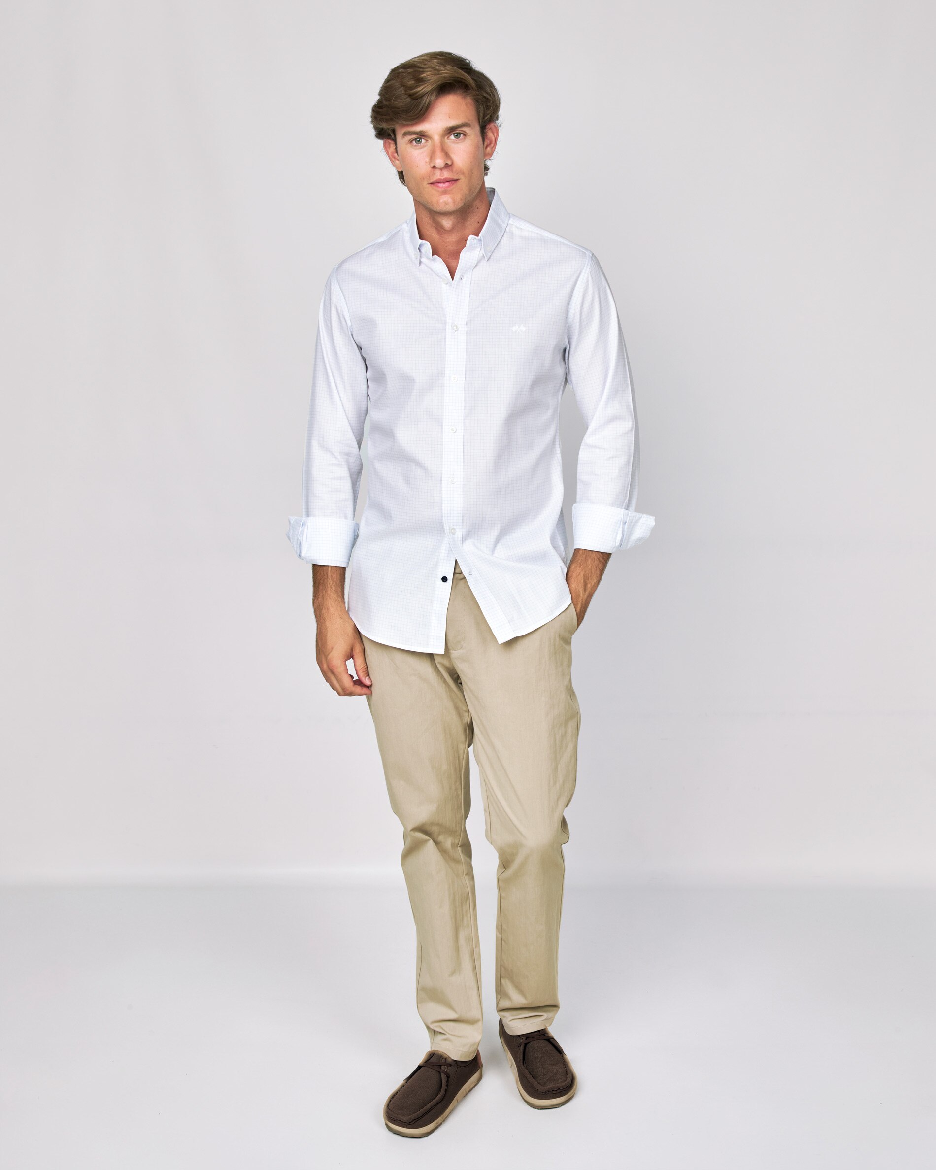 Camisa em Popelina Aos Quadrados Azul / Branco-4