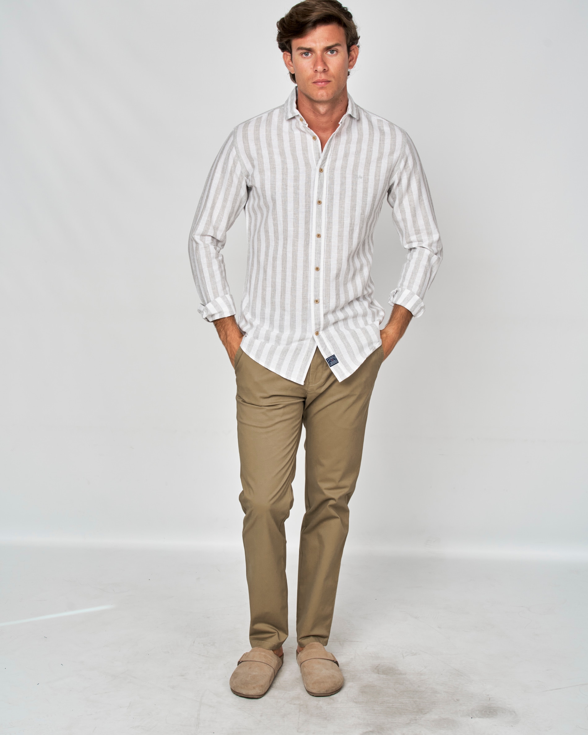 Camisa Rústica Às Riscas Cinzento / Branco-4