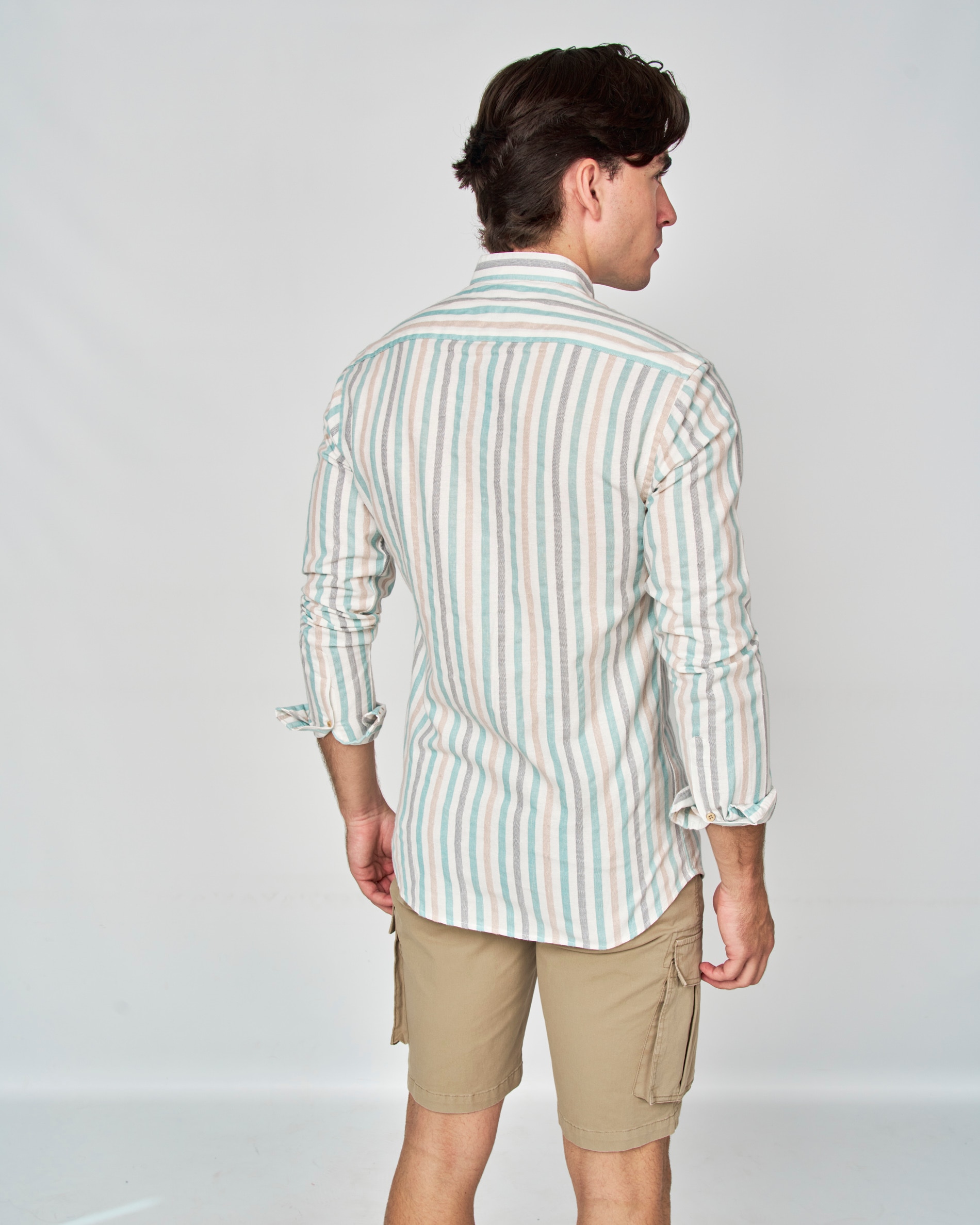 Camisa Mao Rústica Às Riscas Castanho / Branco gasto-3