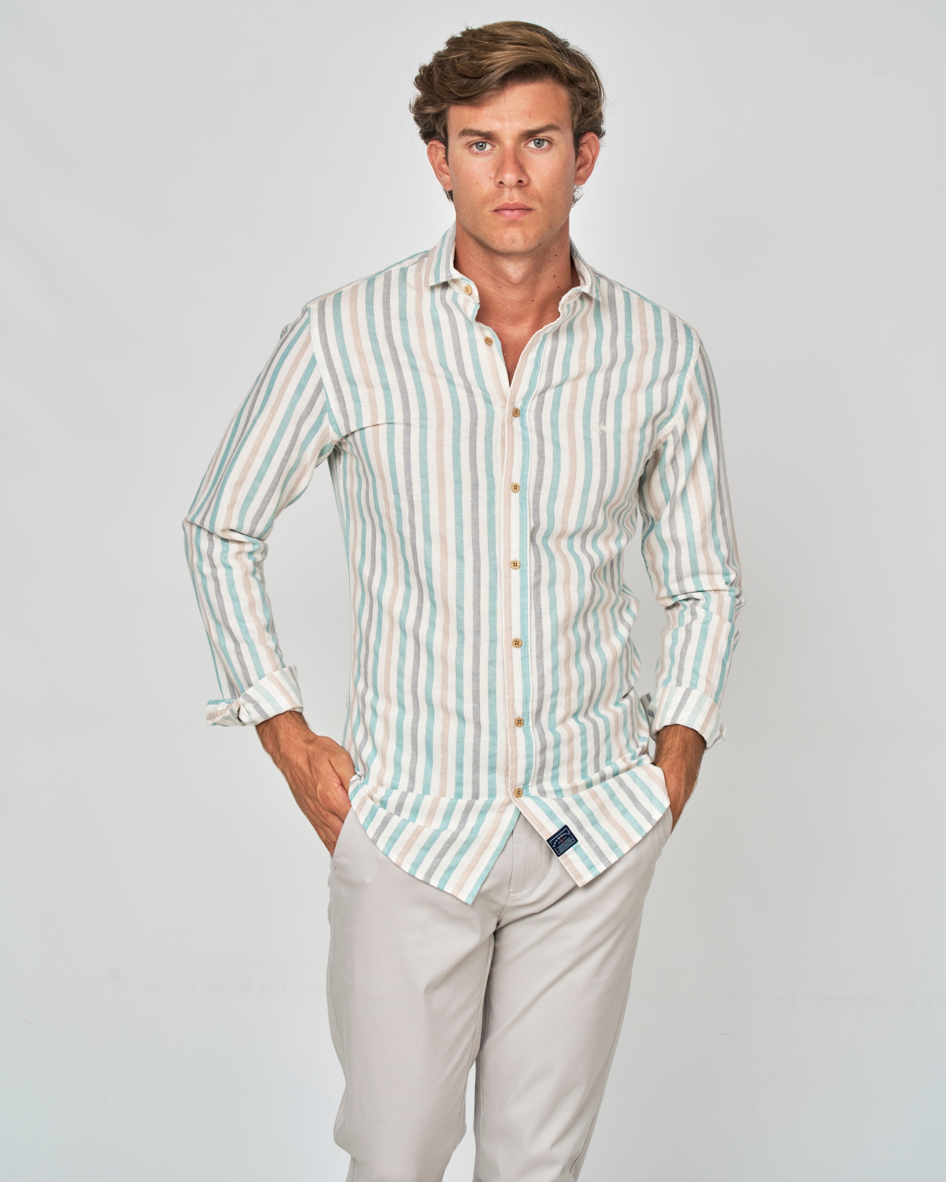 Camisa Rústica Às Riscas Castanho / Branco gasto-1