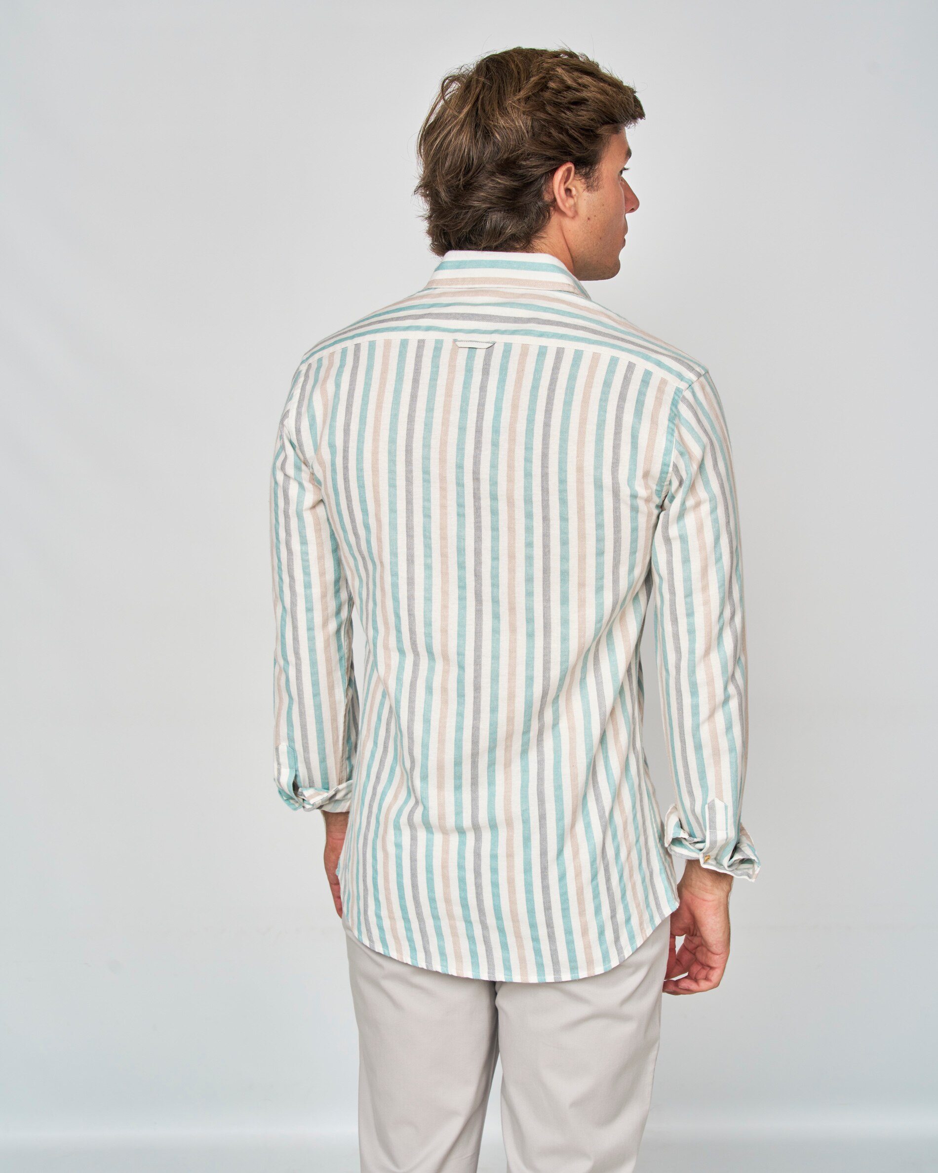 Camisa Rústica Às Riscas Castanho / Branco gasto-3