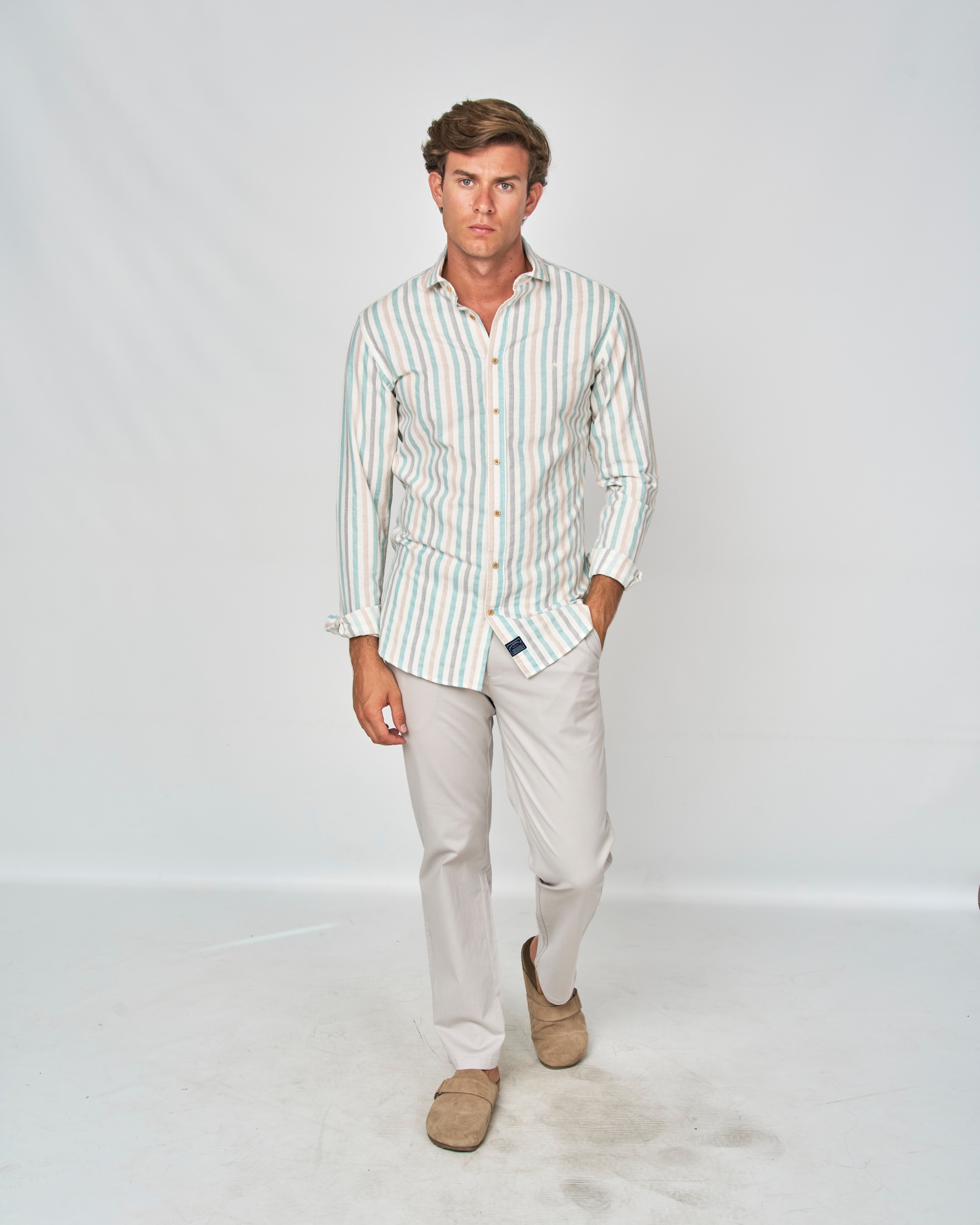 Camisa Rústica Às Riscas Castanho / Branco gasto-4