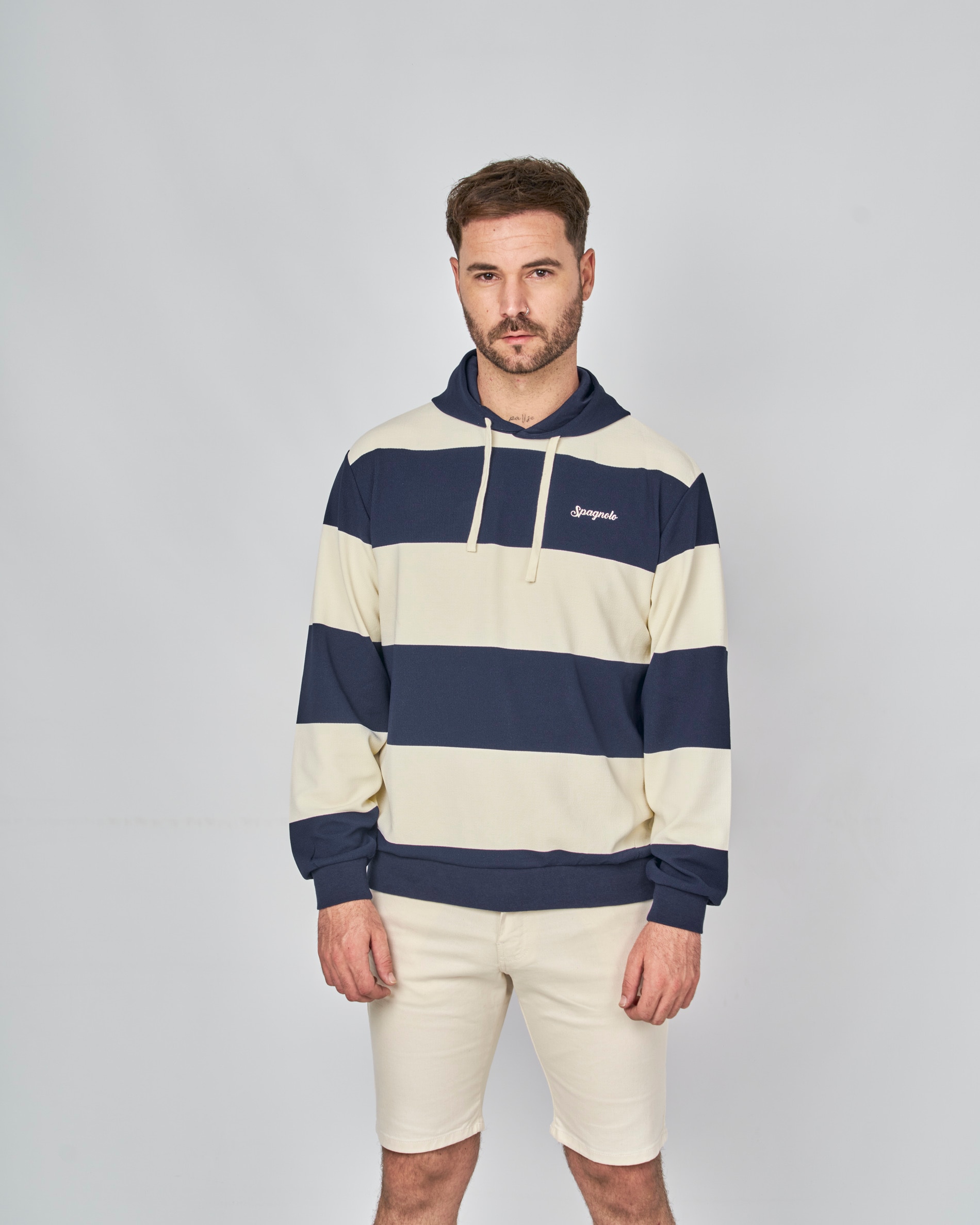 Sweatshirt com Capuz Às Riscas Azul / Bege-1