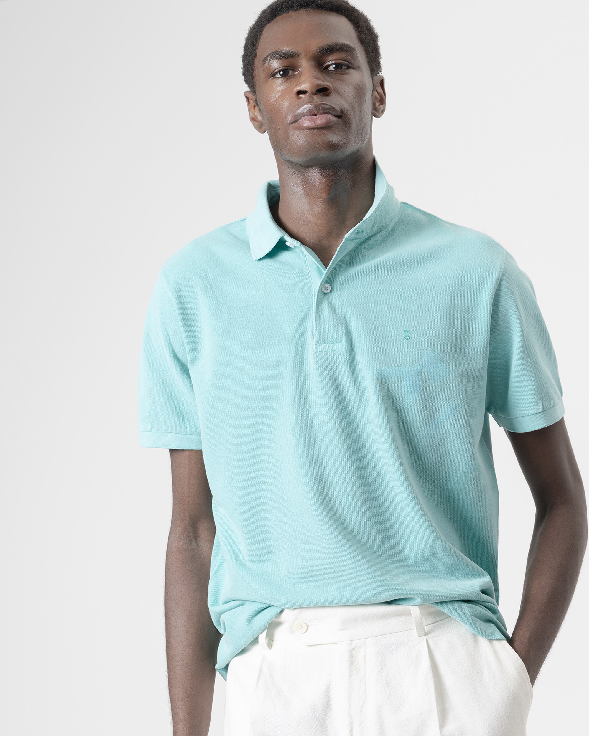 Polo Básico Piqué Lavado em Algodão Slim Fit Azul-turquesa-3