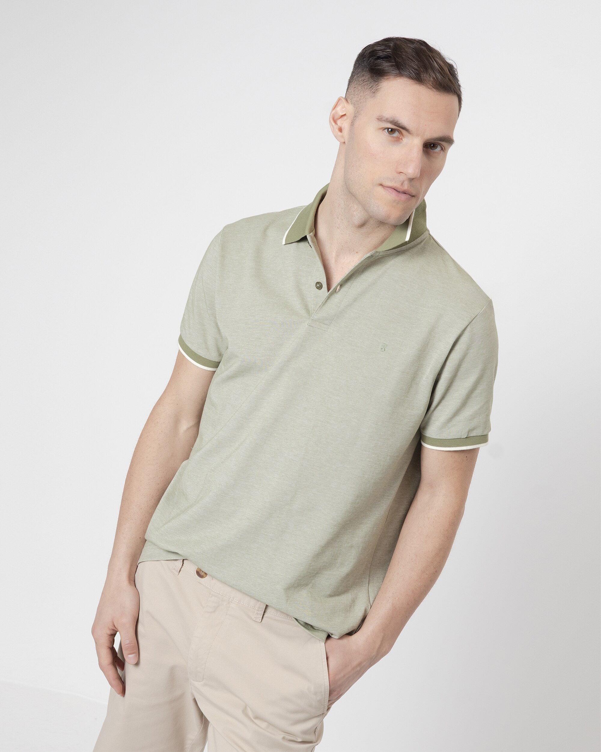Polo de Gola em Contraste Algodão Slim Fit Verde-2