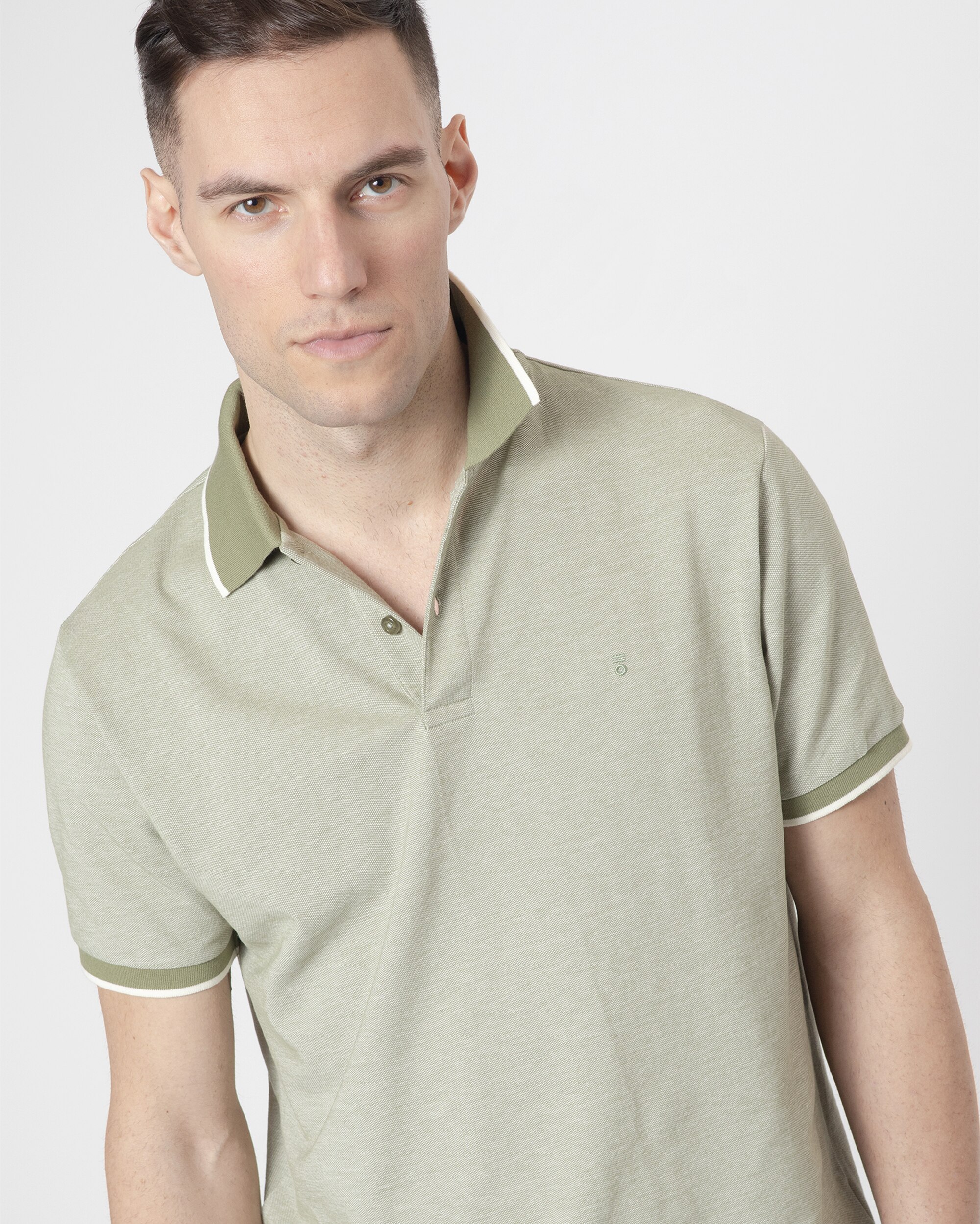 Polo de Gola em Contraste Algodão Slim Fit Verde-3
