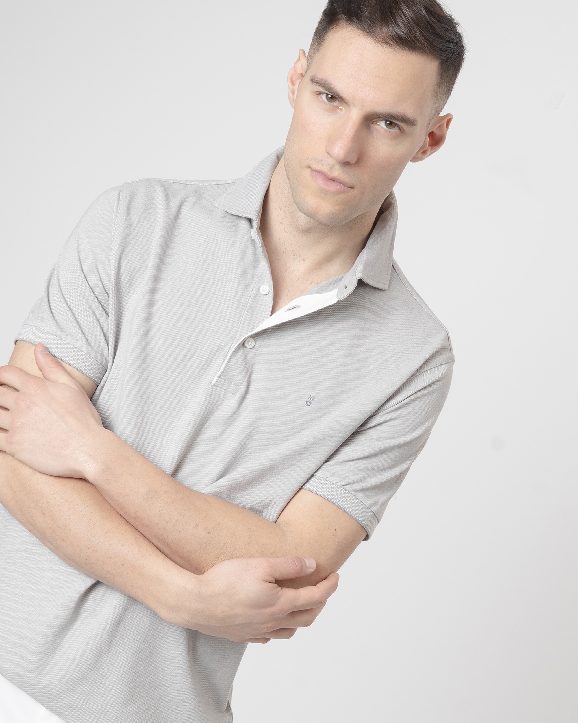 Polo Piqué de Gola em Contraste Algodão Slim Fit Cinzento-2