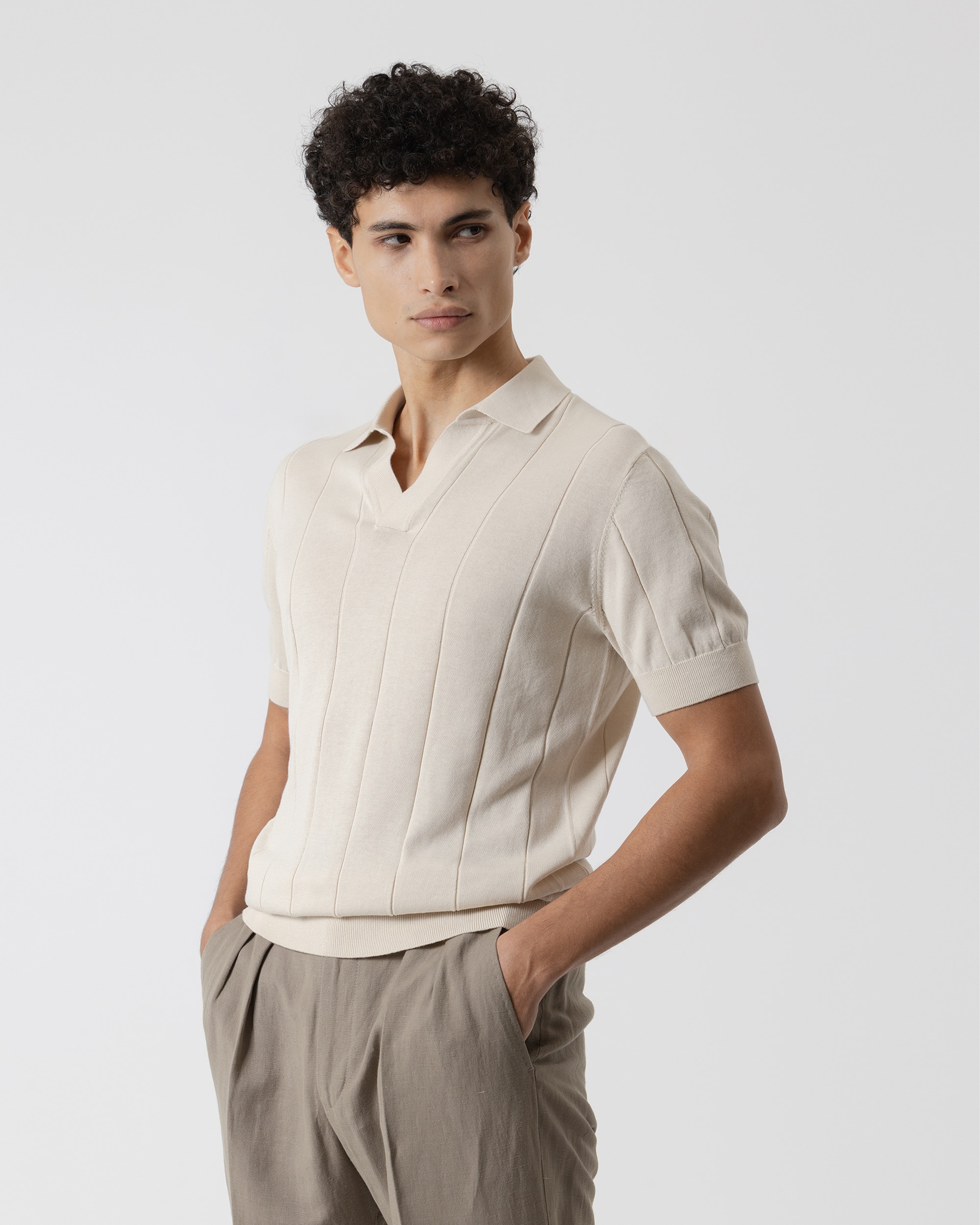 Polo de Malha Canelada Algodão de Manga Curta Bege-2