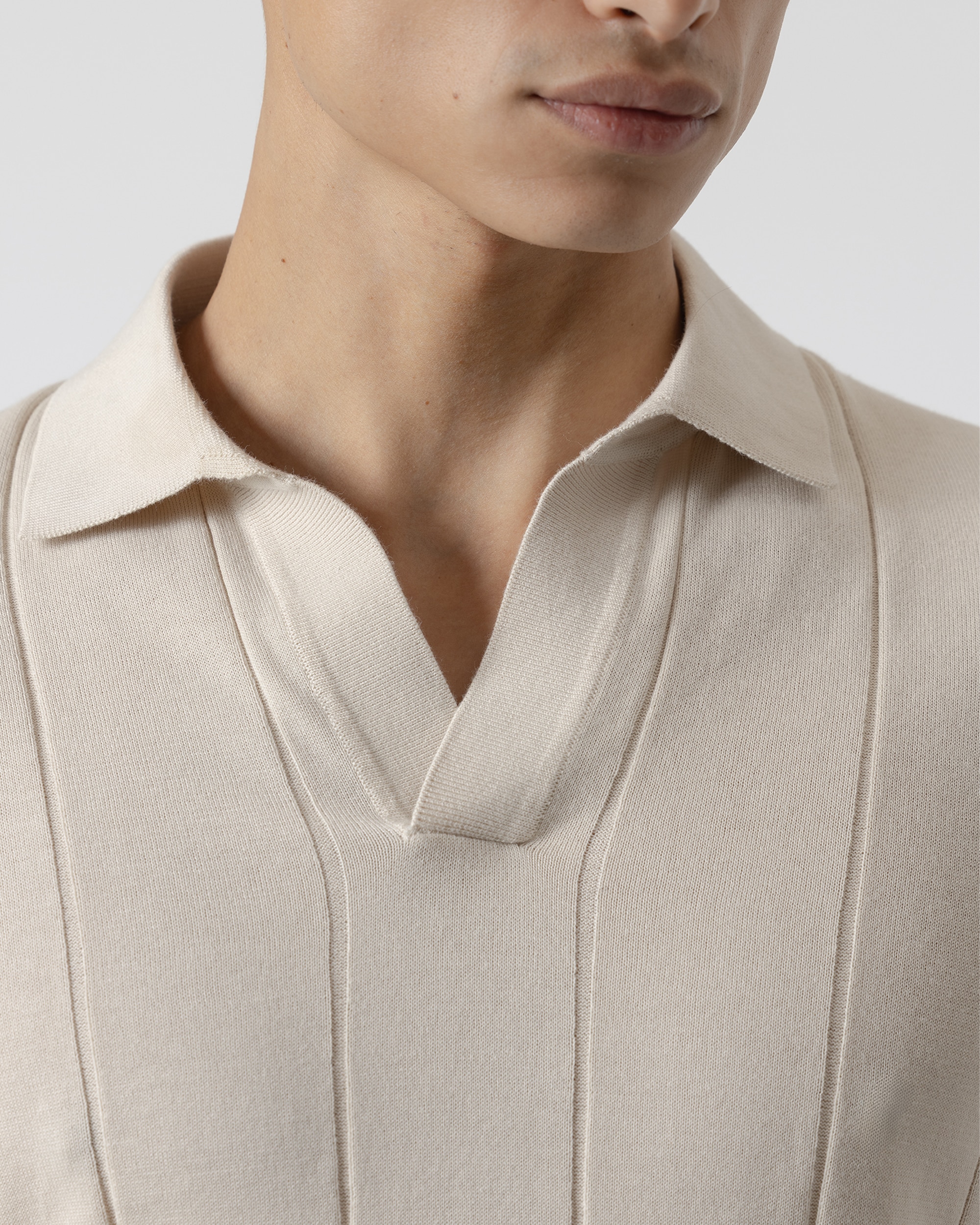 Polo de Malha Canelada Algodão de Manga Curta Bege-3