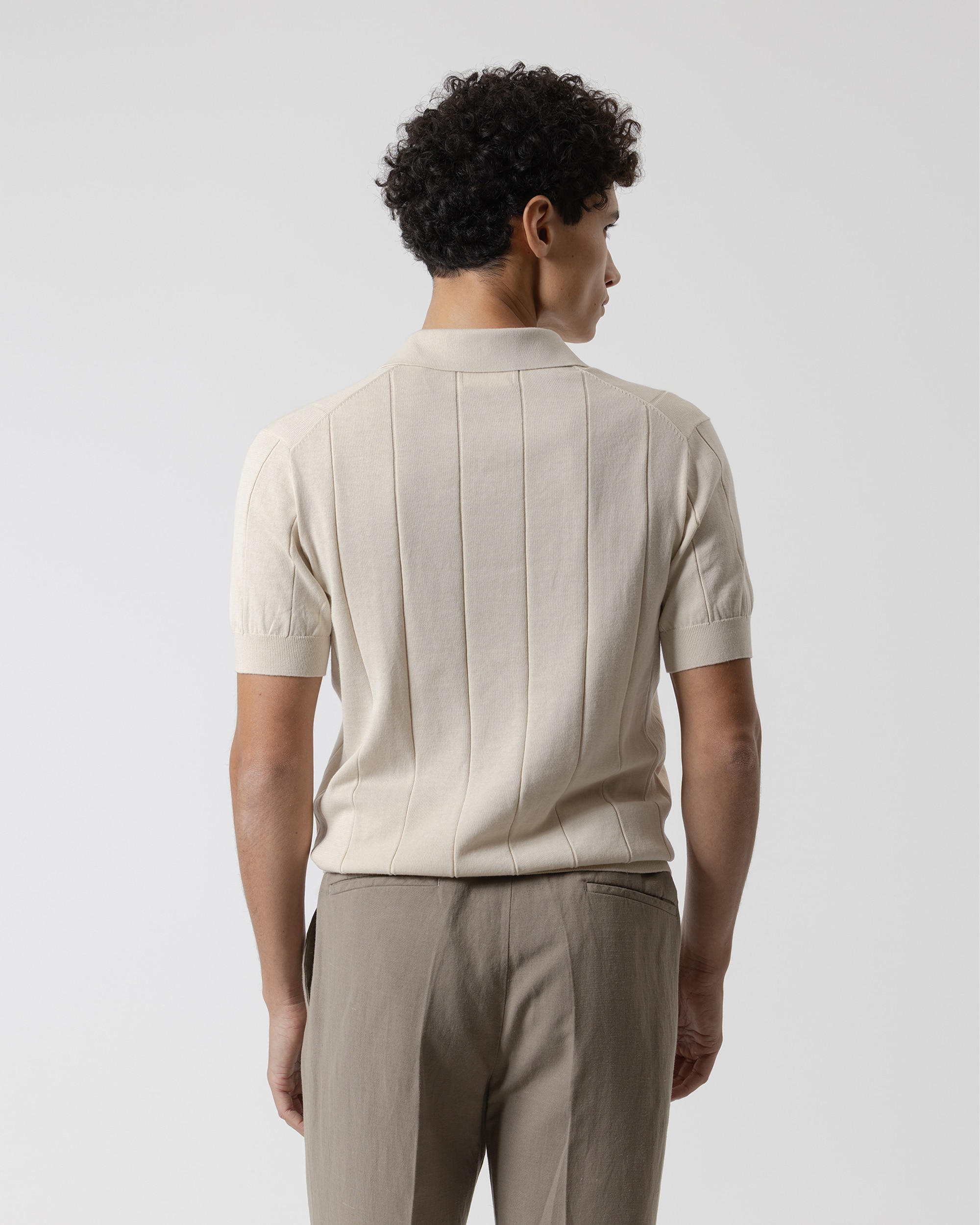 Polo de Malha Canelada Algodão de Manga Curta Bege-4