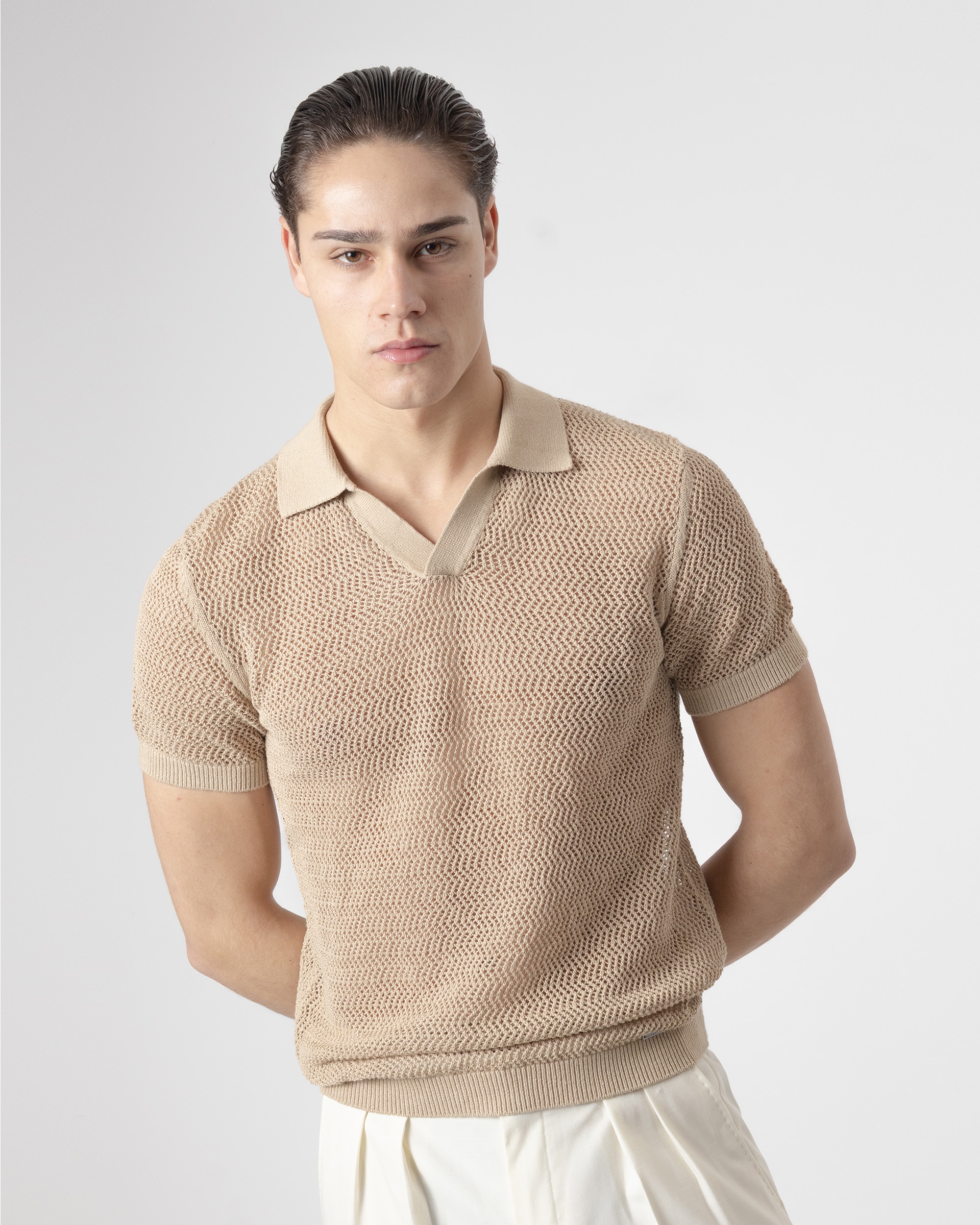 Polo de Malha Crochet de Manga Curta em Bege Bege-2