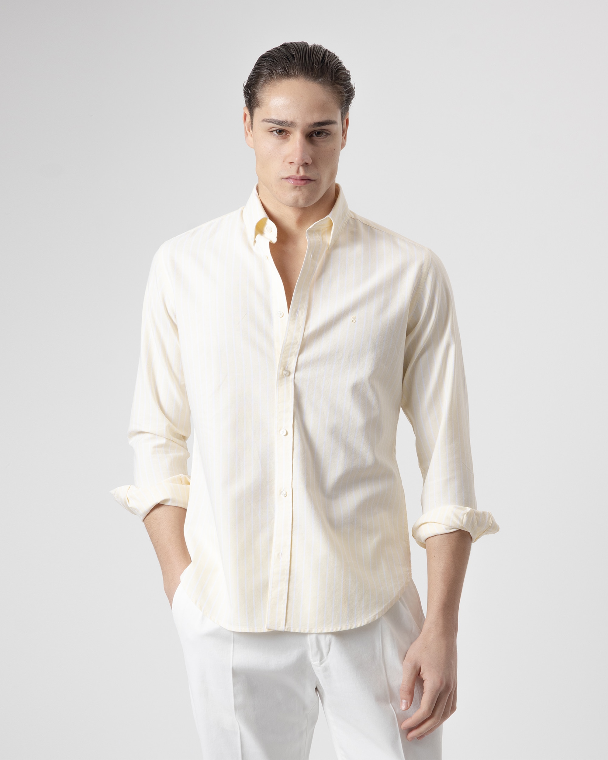 Imagem 0 de Camisa Às Riscas em Algodão Casual Slim Fit Amarela