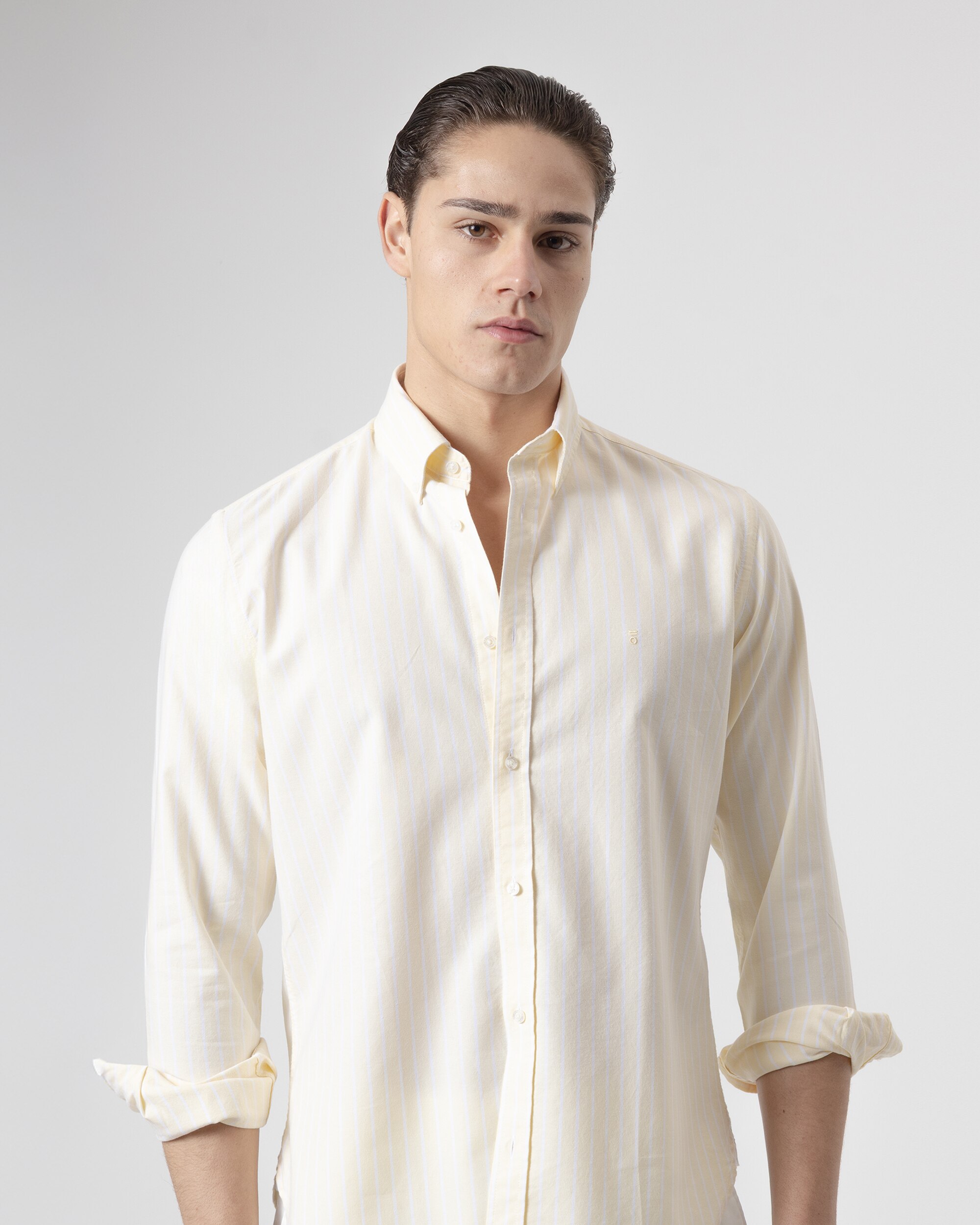 Camisa Às Riscas em Algodão Casual Slim Fit Amarela Amarelo-2