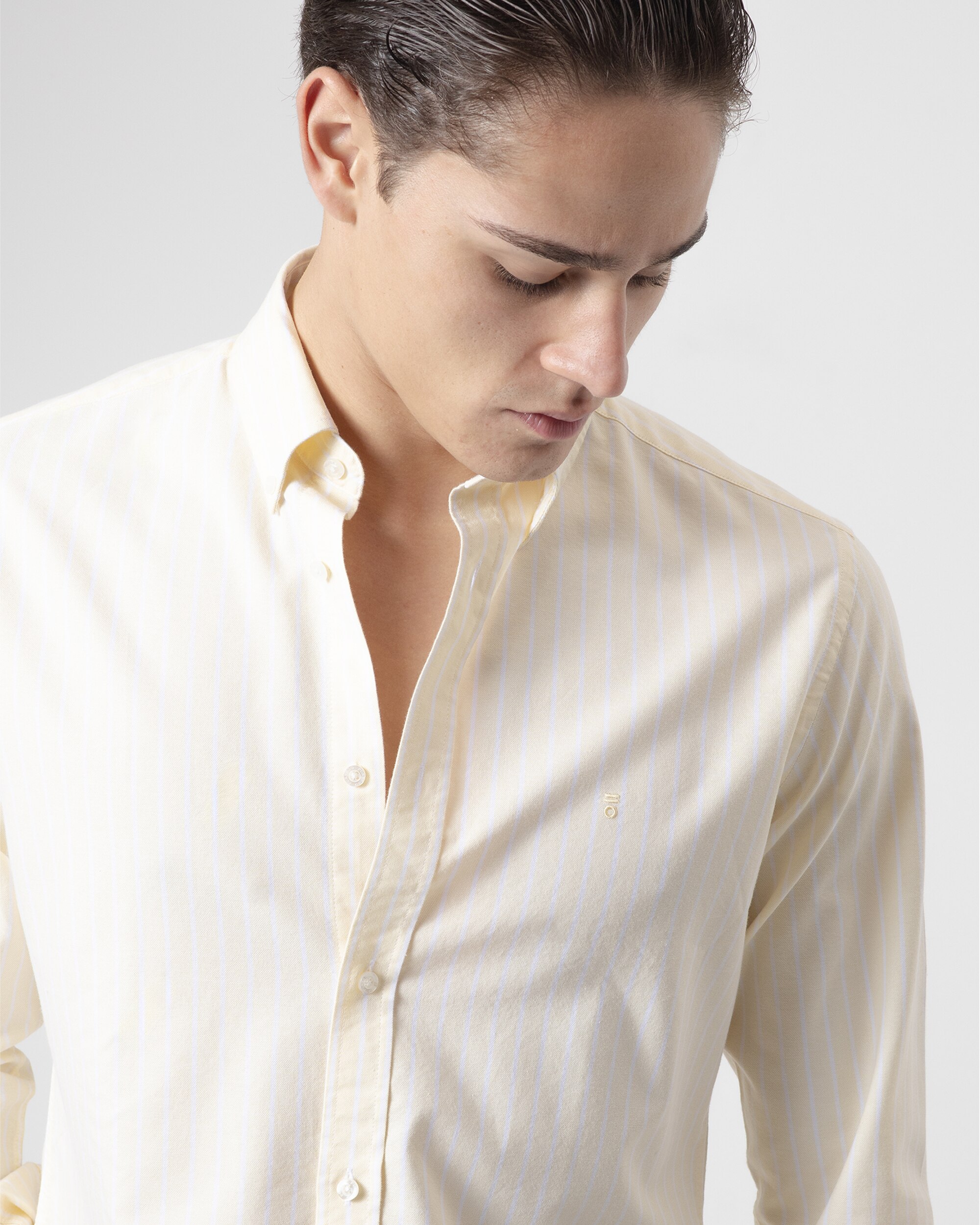 Camisa Às Riscas em Algodão Casual Slim Fit Amarela Amarelo-3