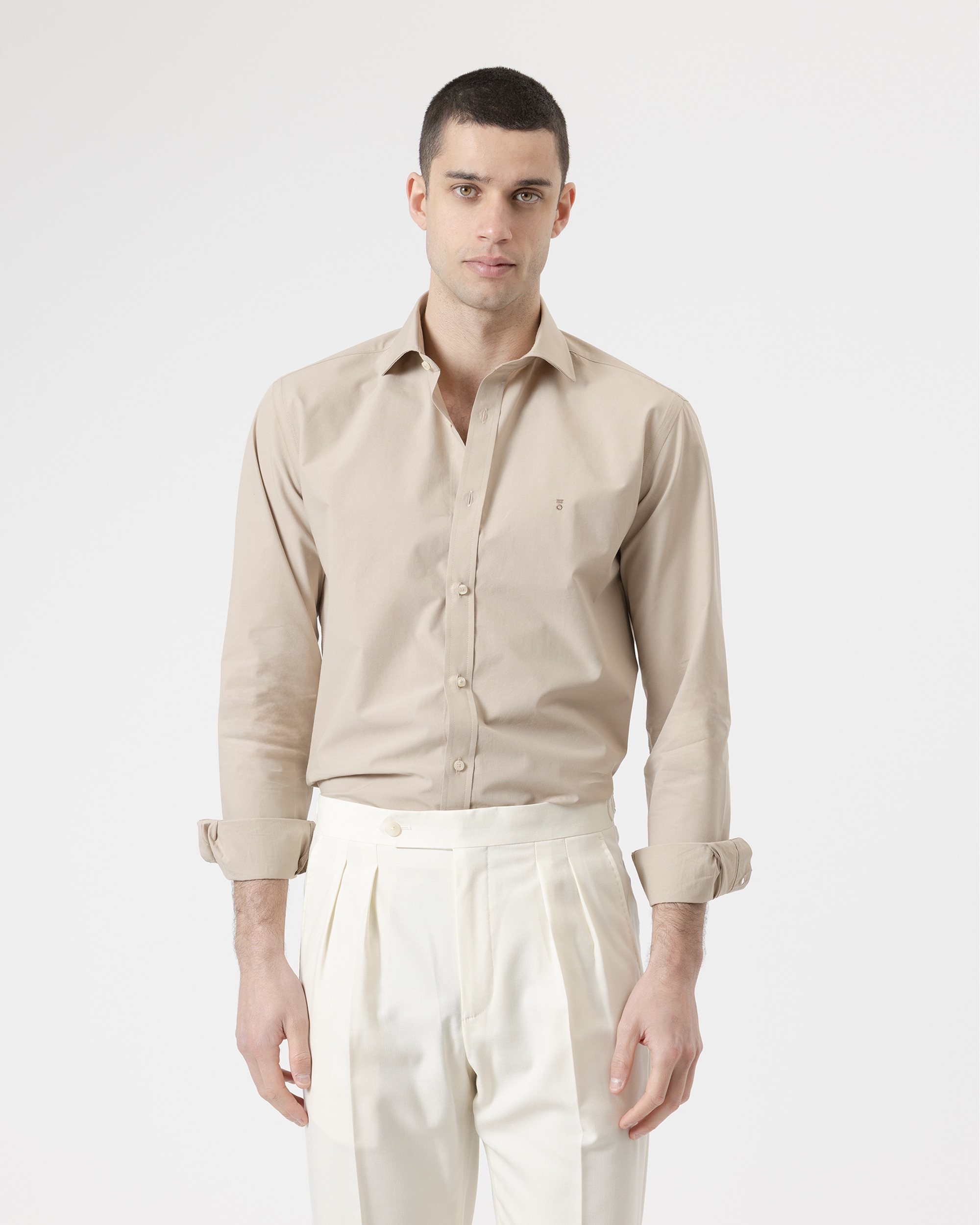 Imagem 0 de Camisa Lisa Algodão Casual Slim Fit em Bege