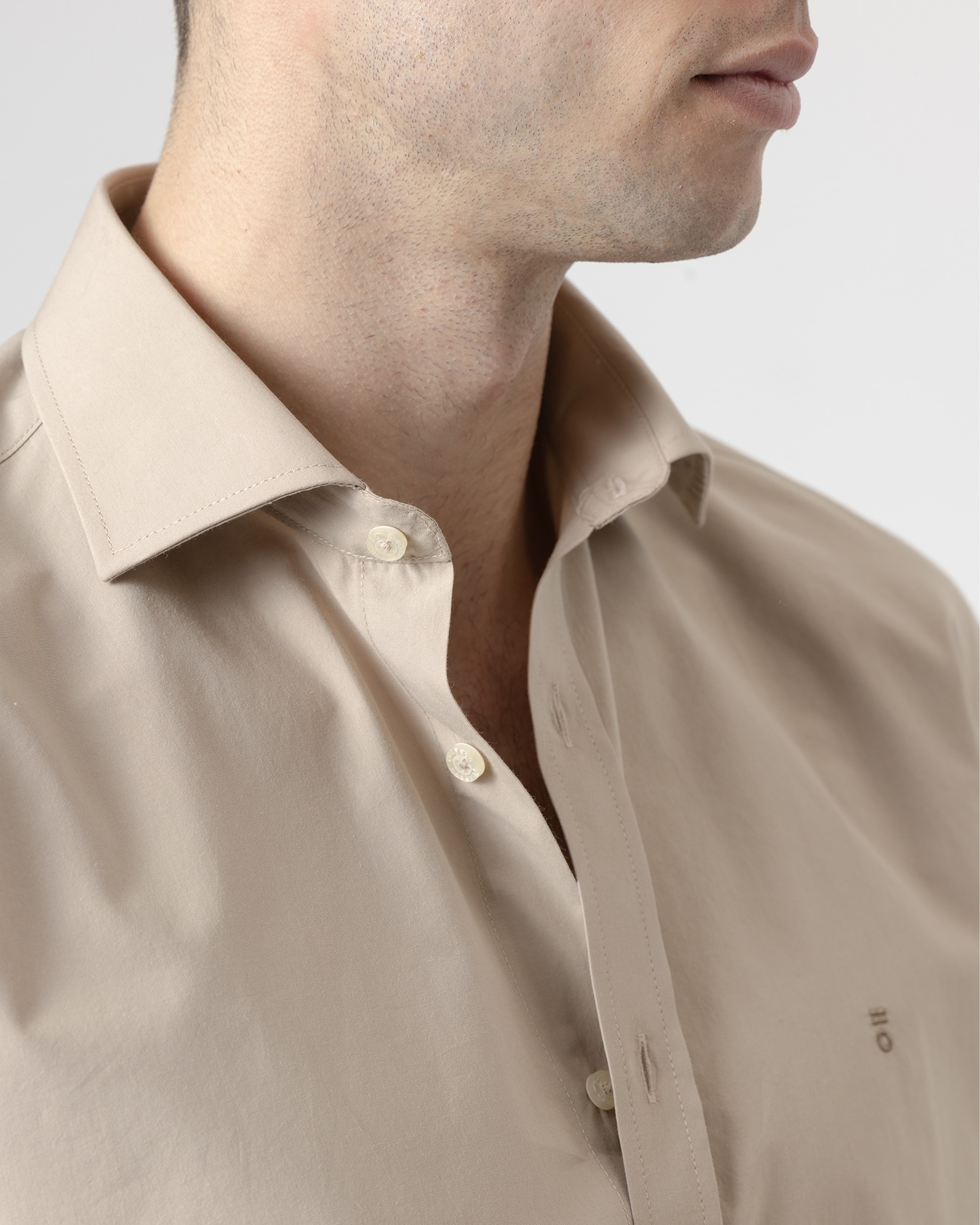 Camisa Lisa Algodão Casual Slim Fit em Bege Bege-3