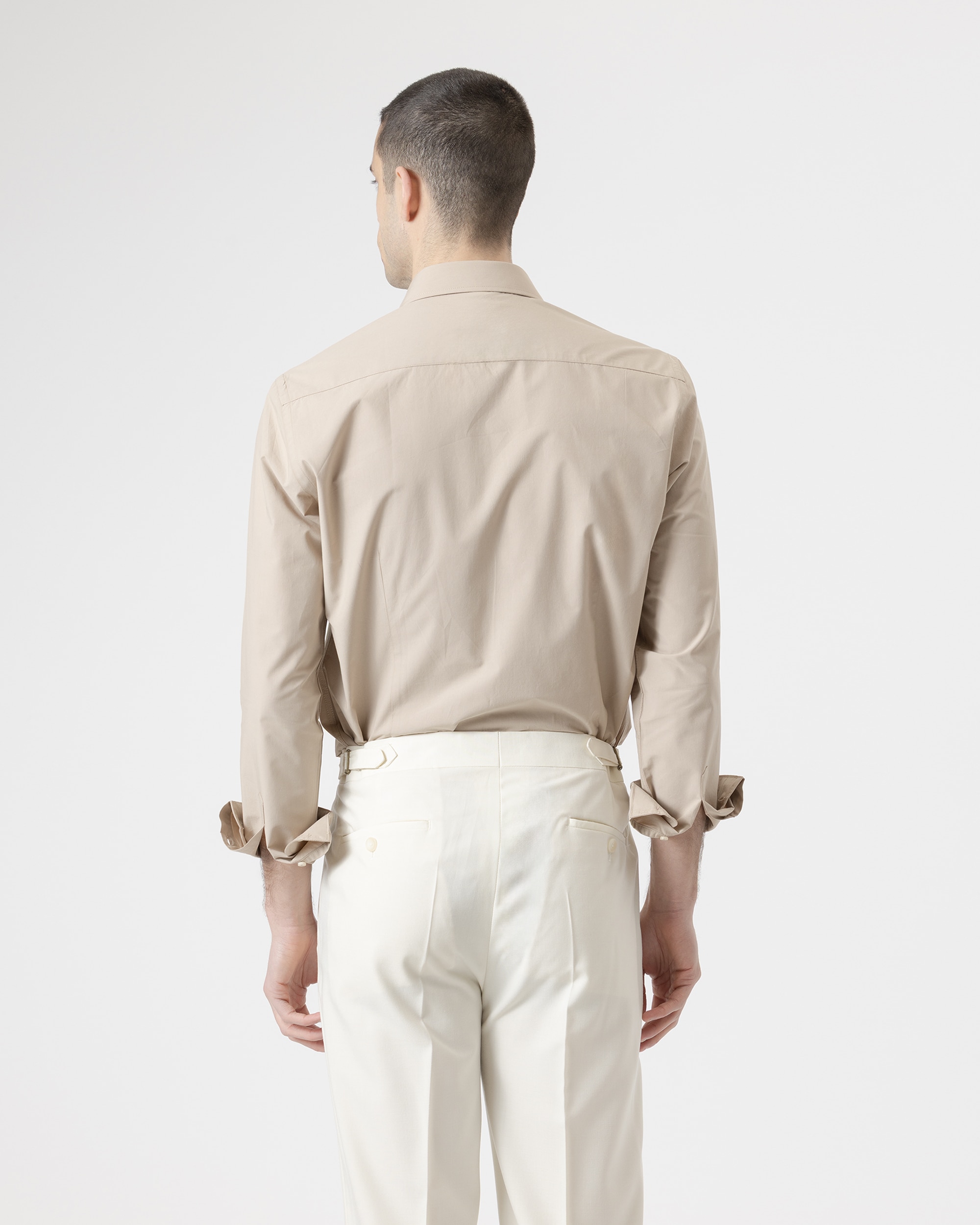 Camisa Lisa Algodão Casual Slim Fit em Bege Bege-4
