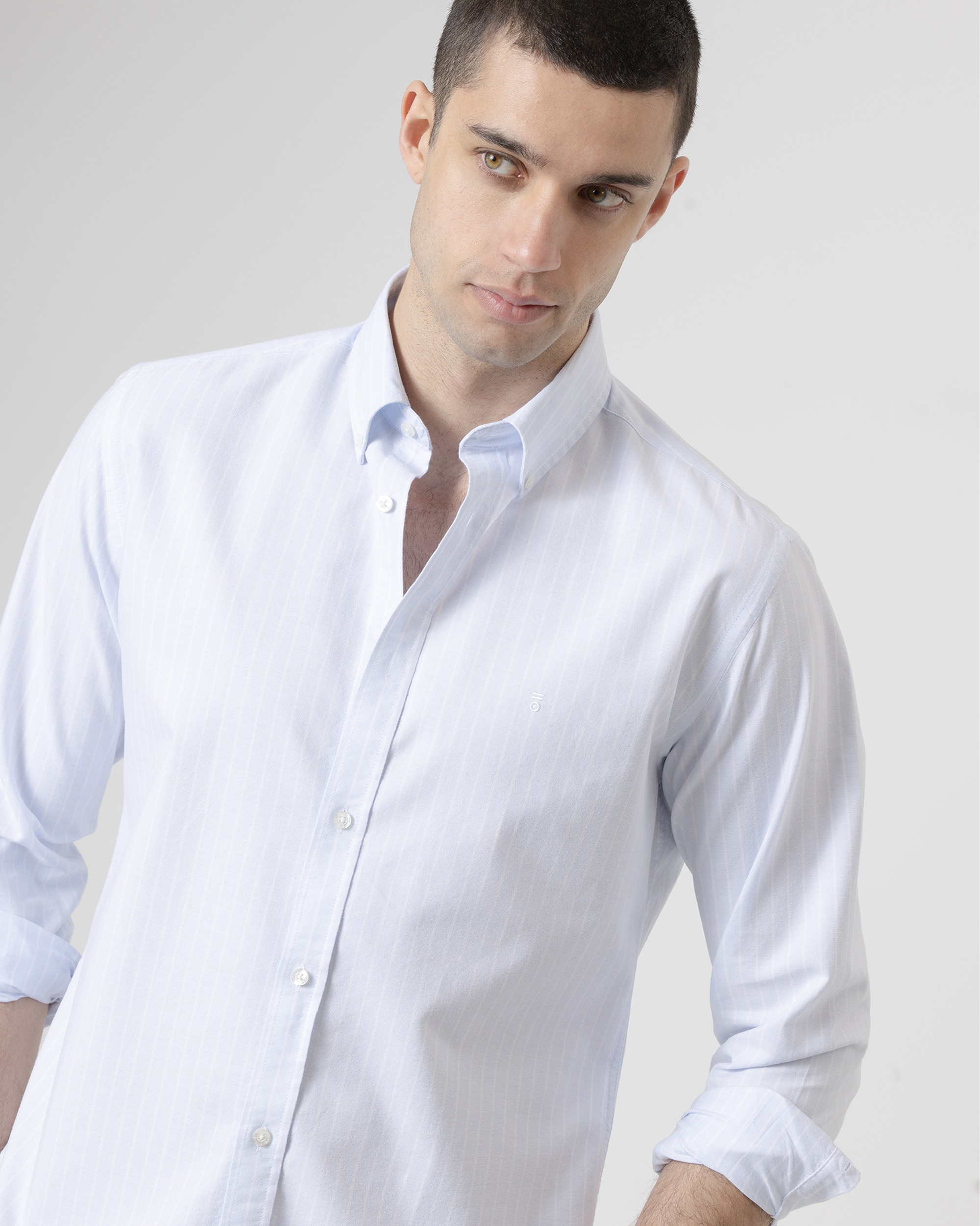 Camisa Às Riscas em Algodão Casual Slim Fit em Azul Celeste Azul-celeste-2